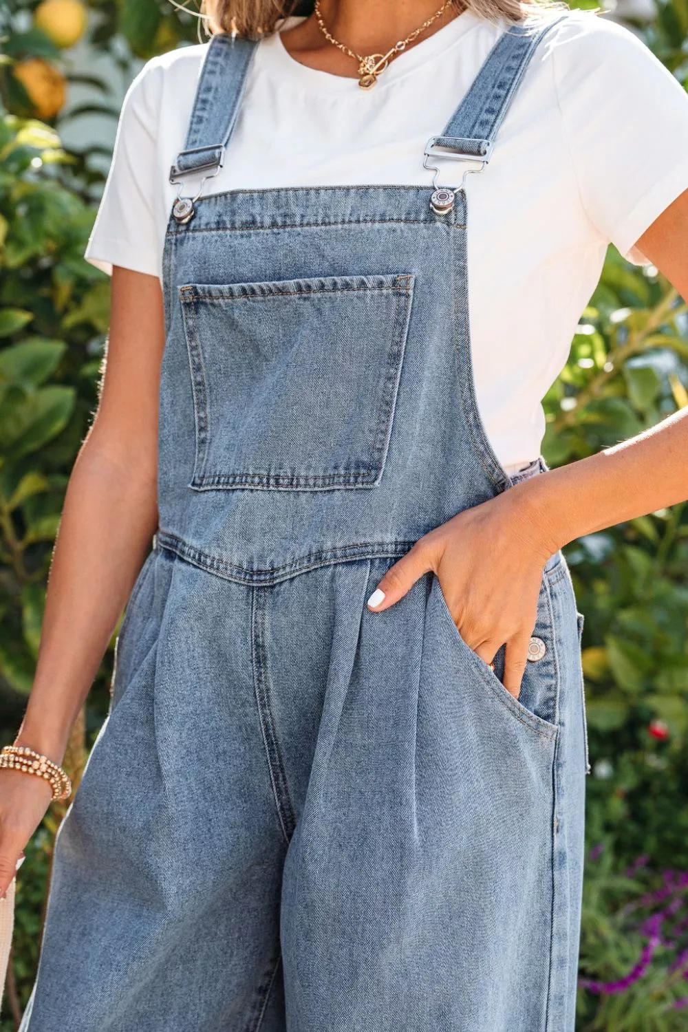 Pleated Wide Leg Retro Pocketed Denim Jumpsuit - Image 5