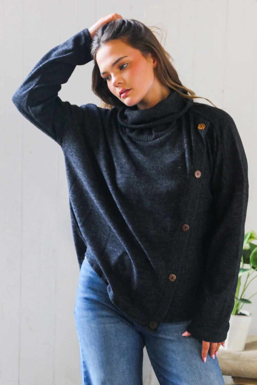 Buttoned Bliss Black Cozy Sweater - Image 4