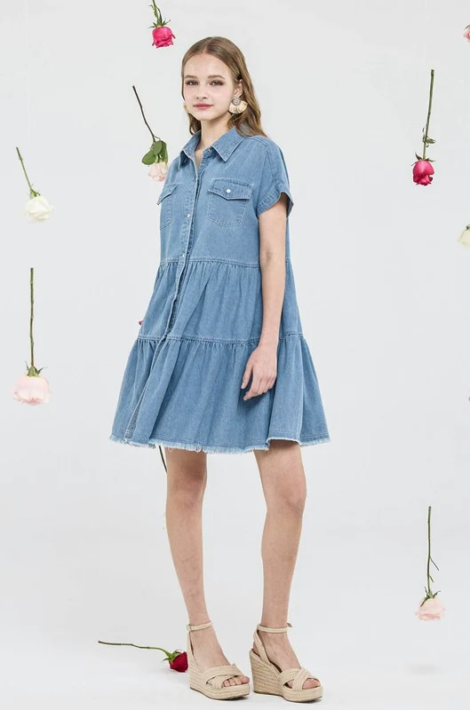 Plus ButtonDown Tiered Babydoll Denim Shirt Dress - Image 3