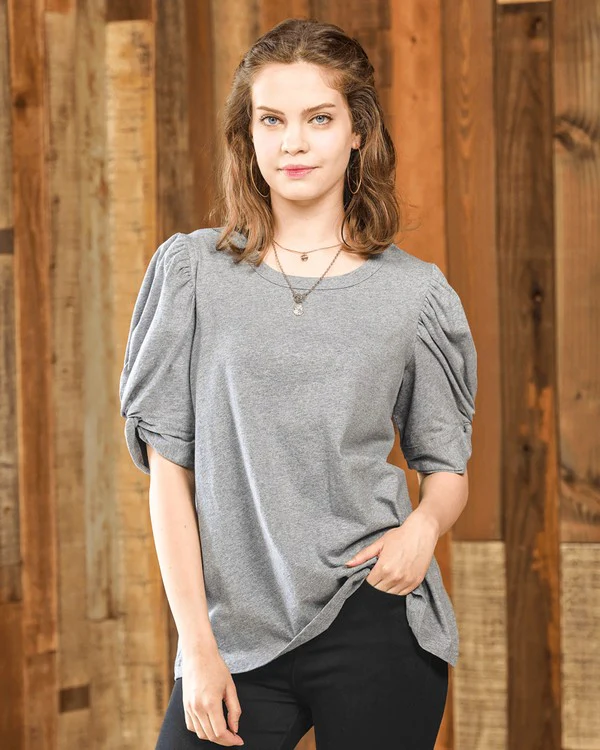 Plus Knotted Puff Sleeve Cotton Knit Top - Image 12