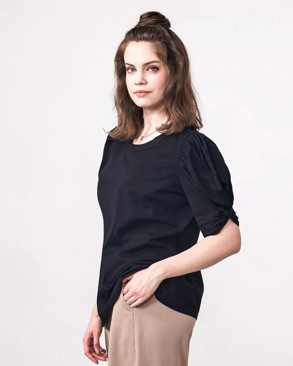 Plus Knotted Puff Sleeve Cotton Knit Top - Image 16