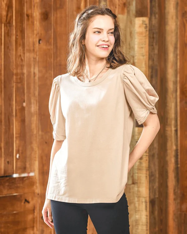 Plus Knotted Puff Sleeve Cotton Knit Top - Image 17