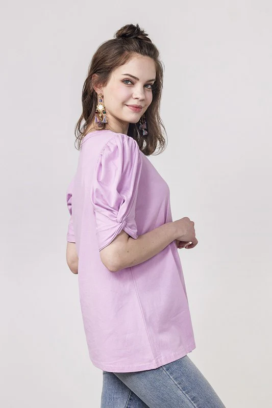 Plus Knotted Puff Sleeve Cotton Knit Top - Image 2