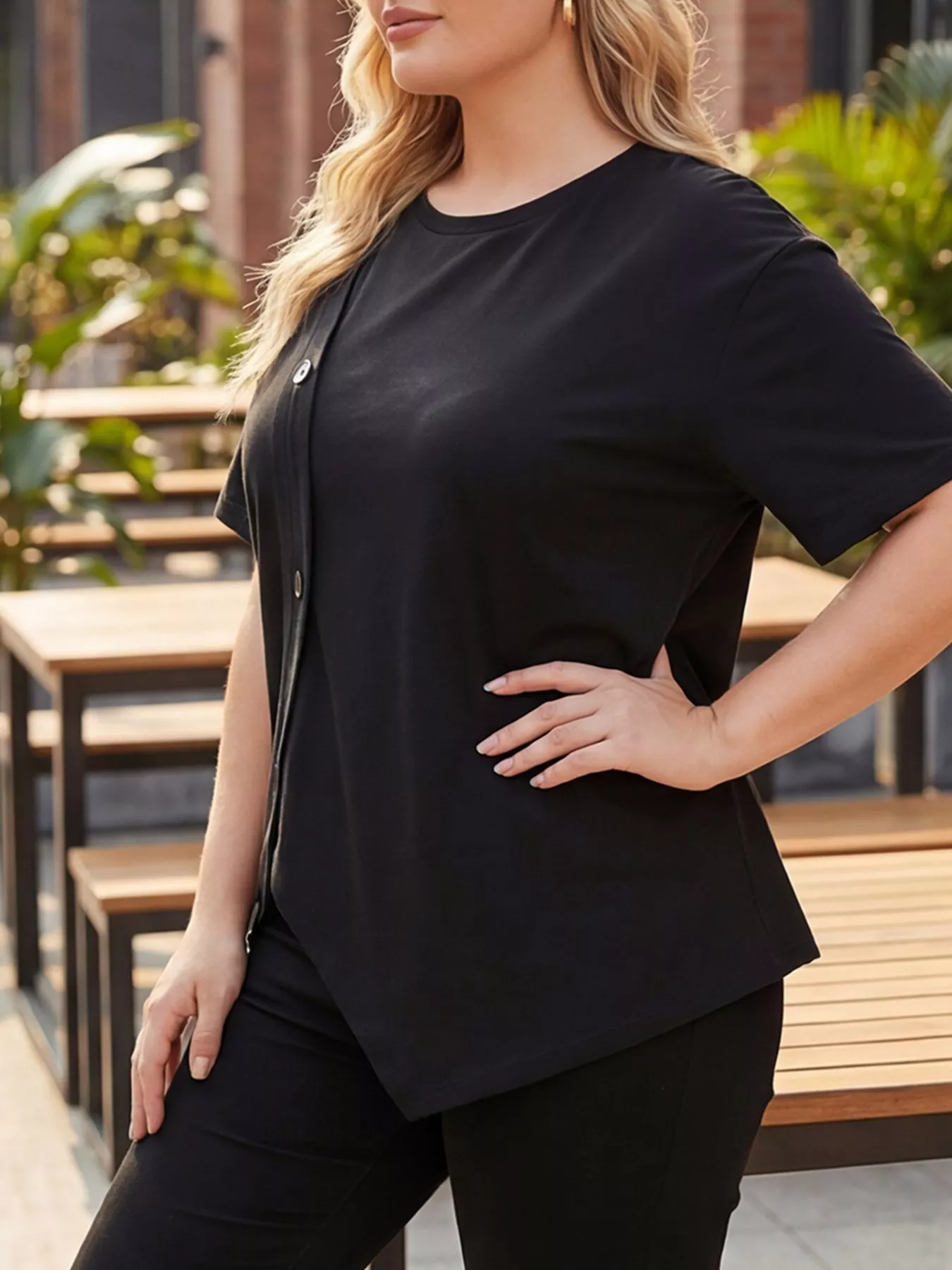 Plus Size Asymmetrical Button Decor Short Sleeve T-Shirt - Image 3