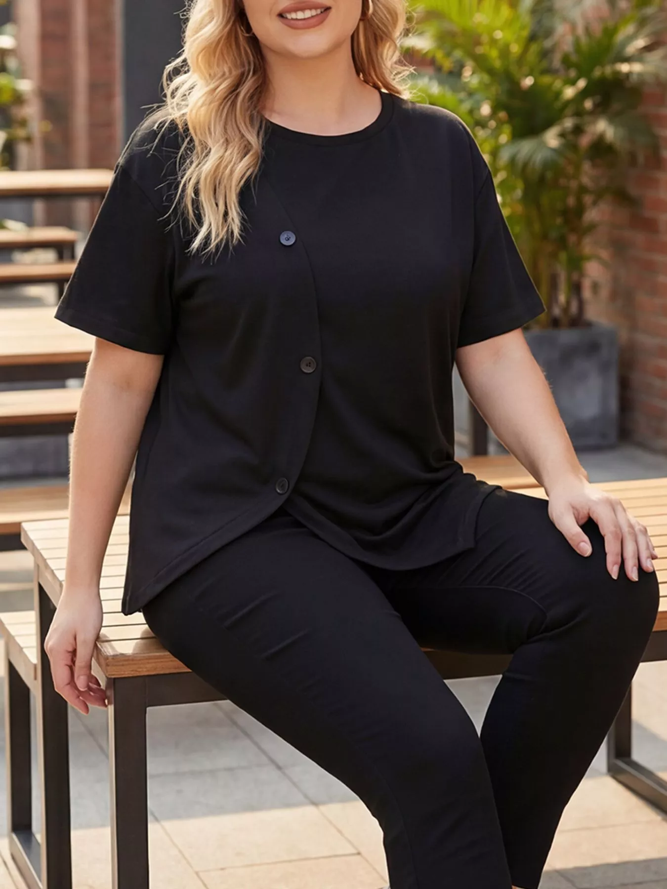 Plus Size Asymmetrical Button Decor Short Sleeve T-Shirt - Image 4