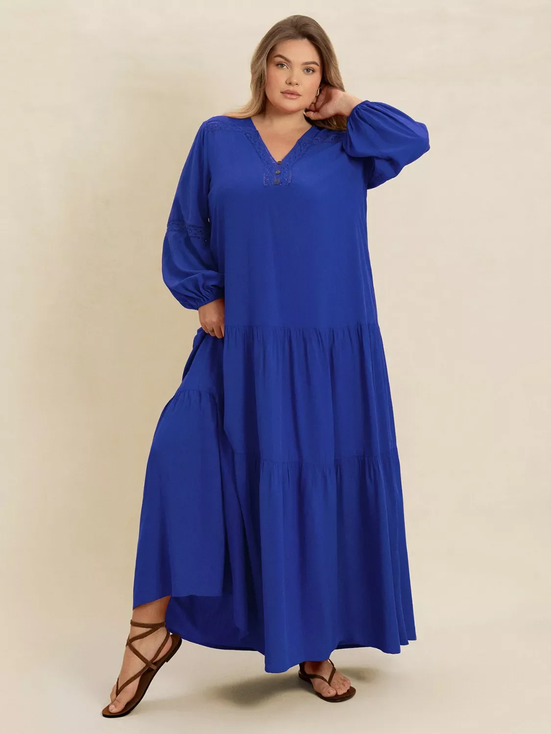 Plus Size Bohemian Tiered Maxi Dress with Balloon Sleeves - Image 26