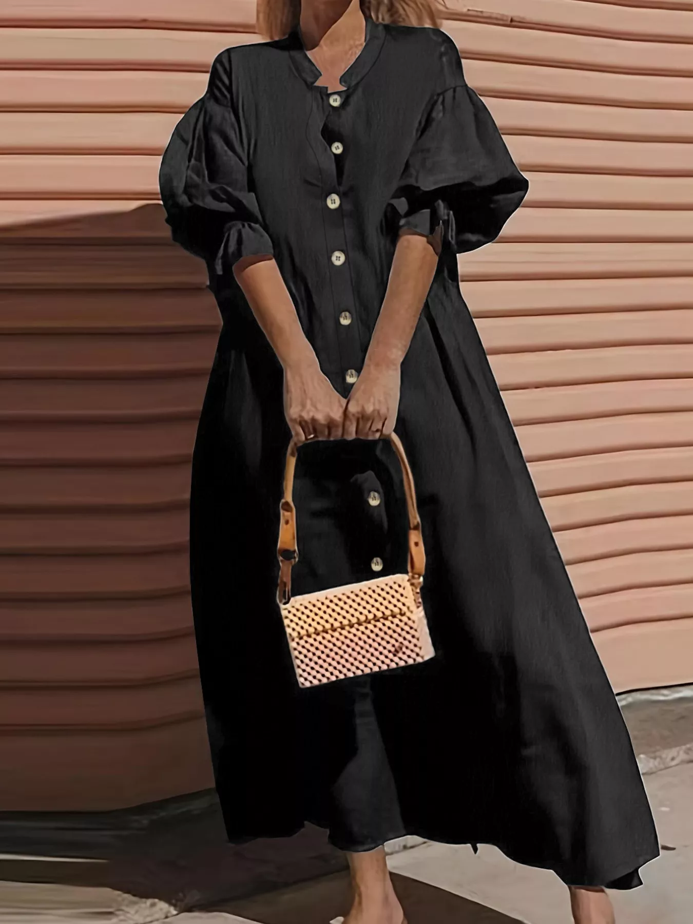 Plus Size Button Front Puff Sleeve Shirt Dress - Image 2