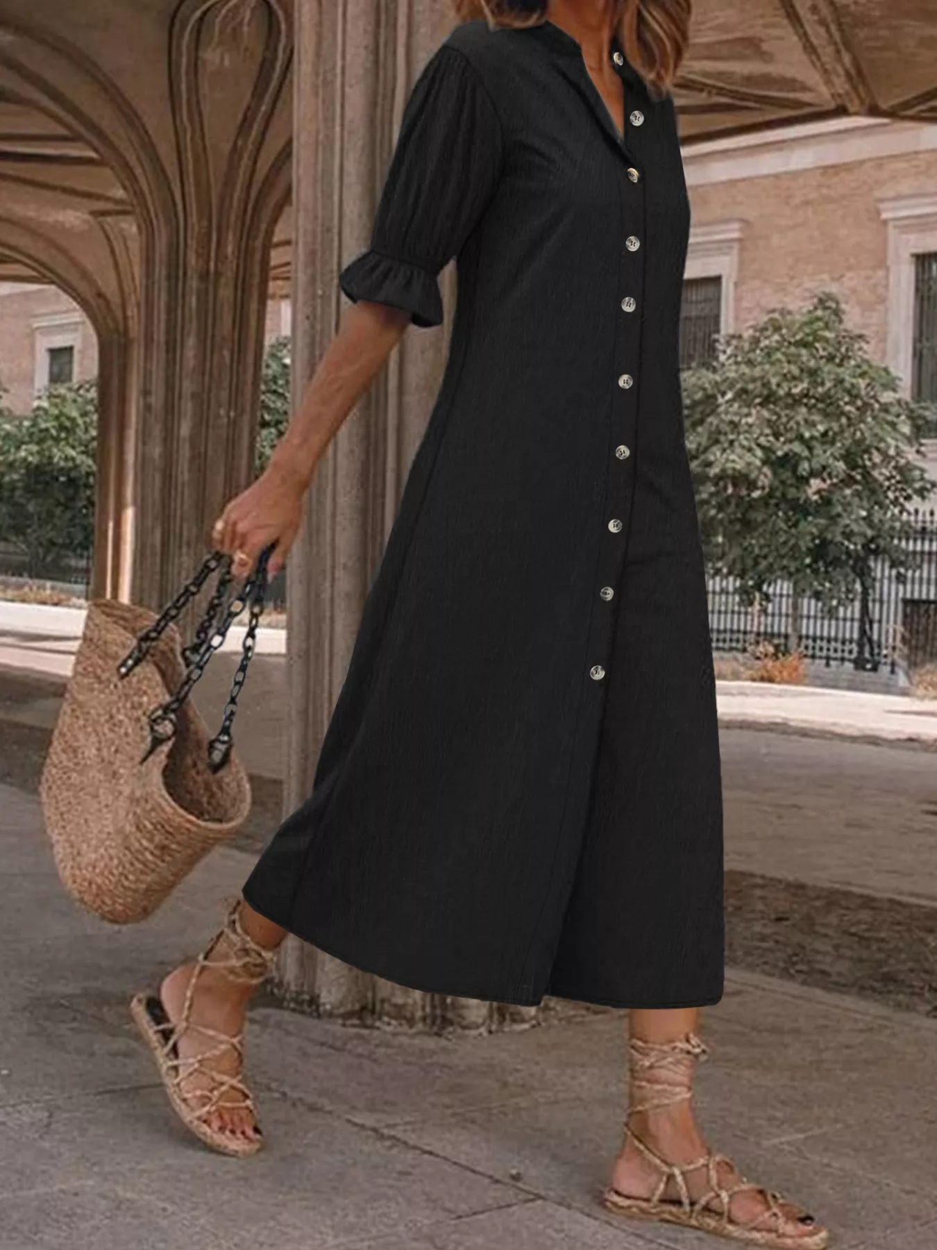 Plus Size Button Front Puff Sleeve Shirt Dress - Image 3