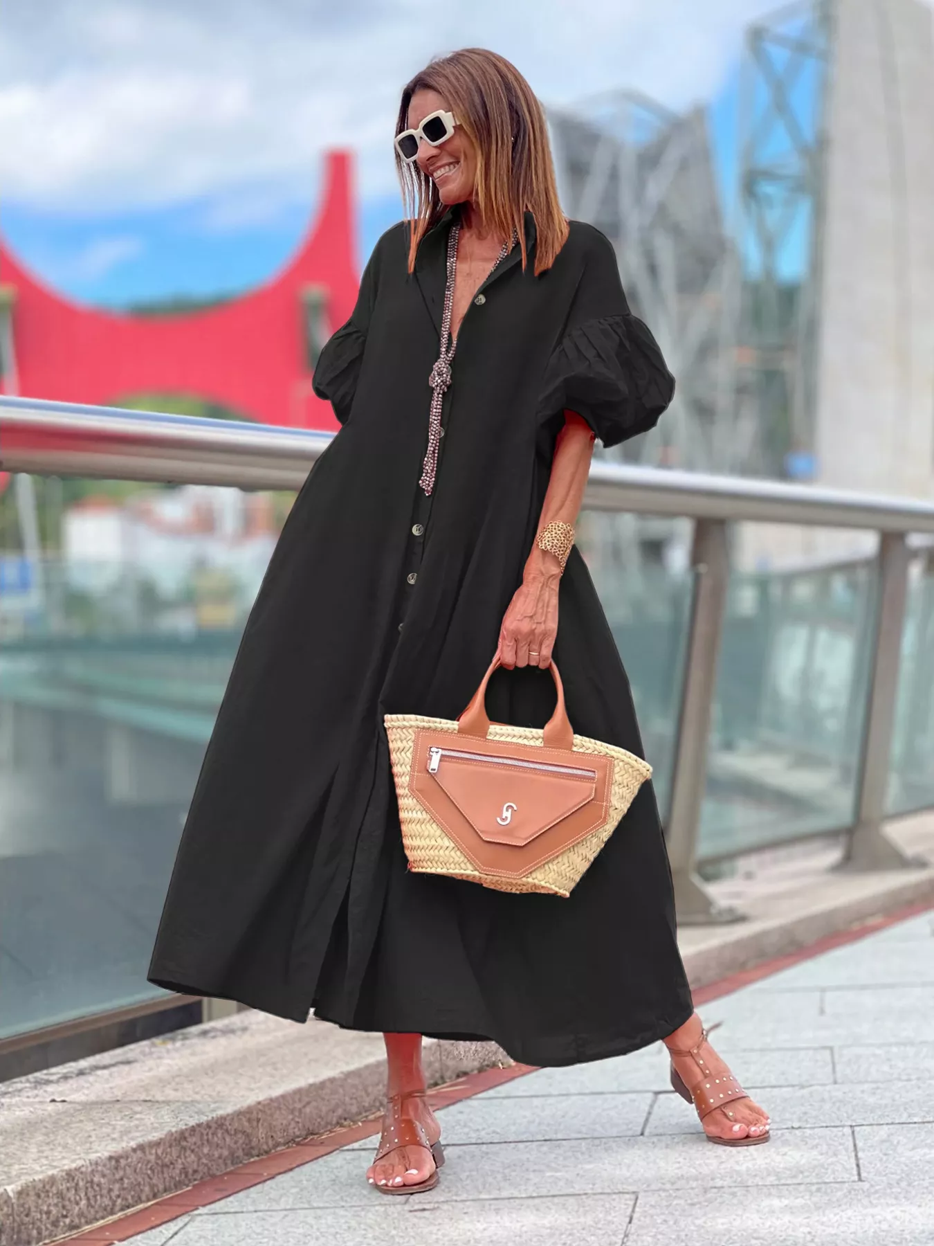 Plus Size Button Front Puff Sleeve Shirt Dress - Image 4