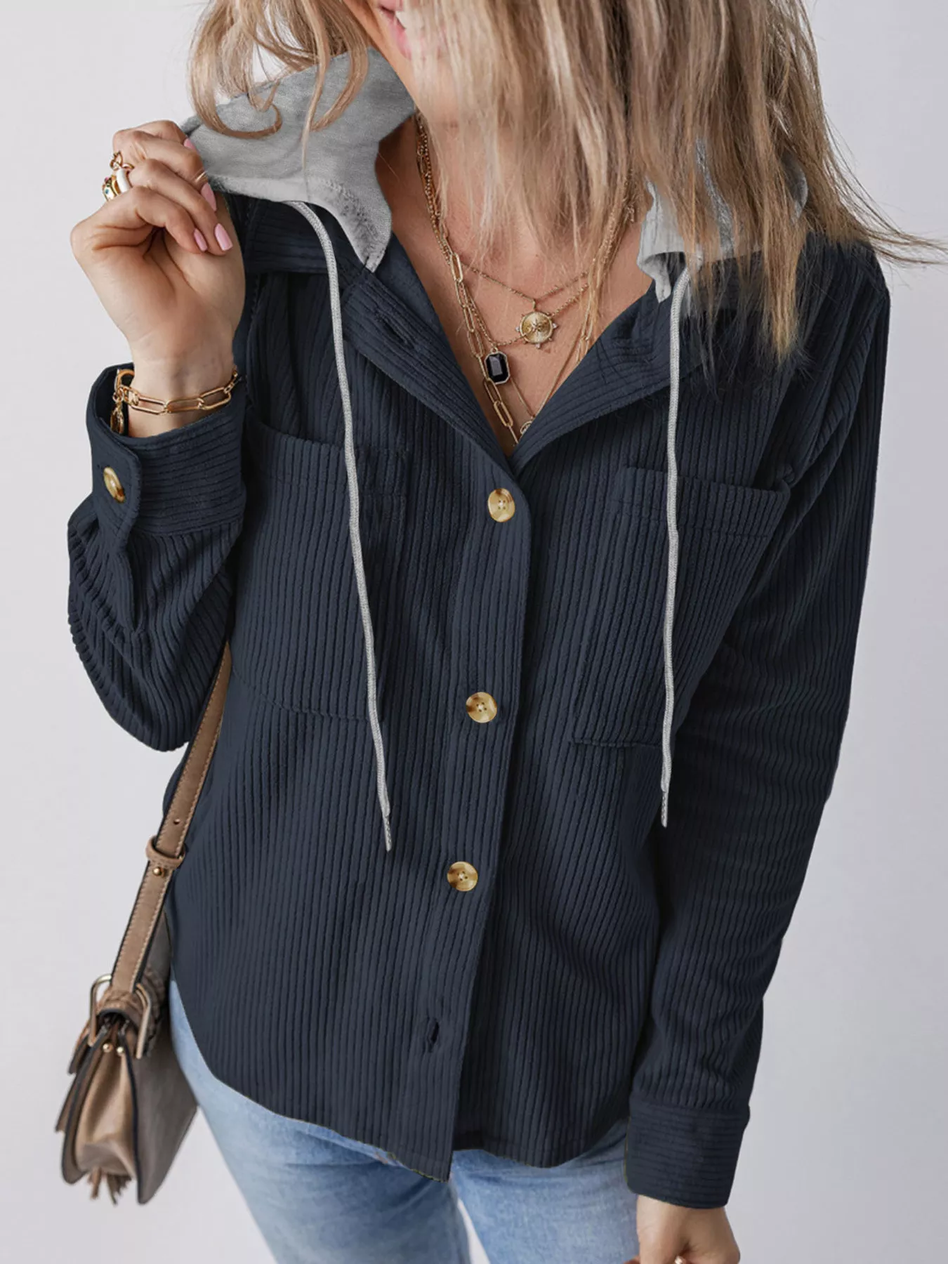 Plus Size Casual Corduroy Button-Down Hooded Jacket - Image 11