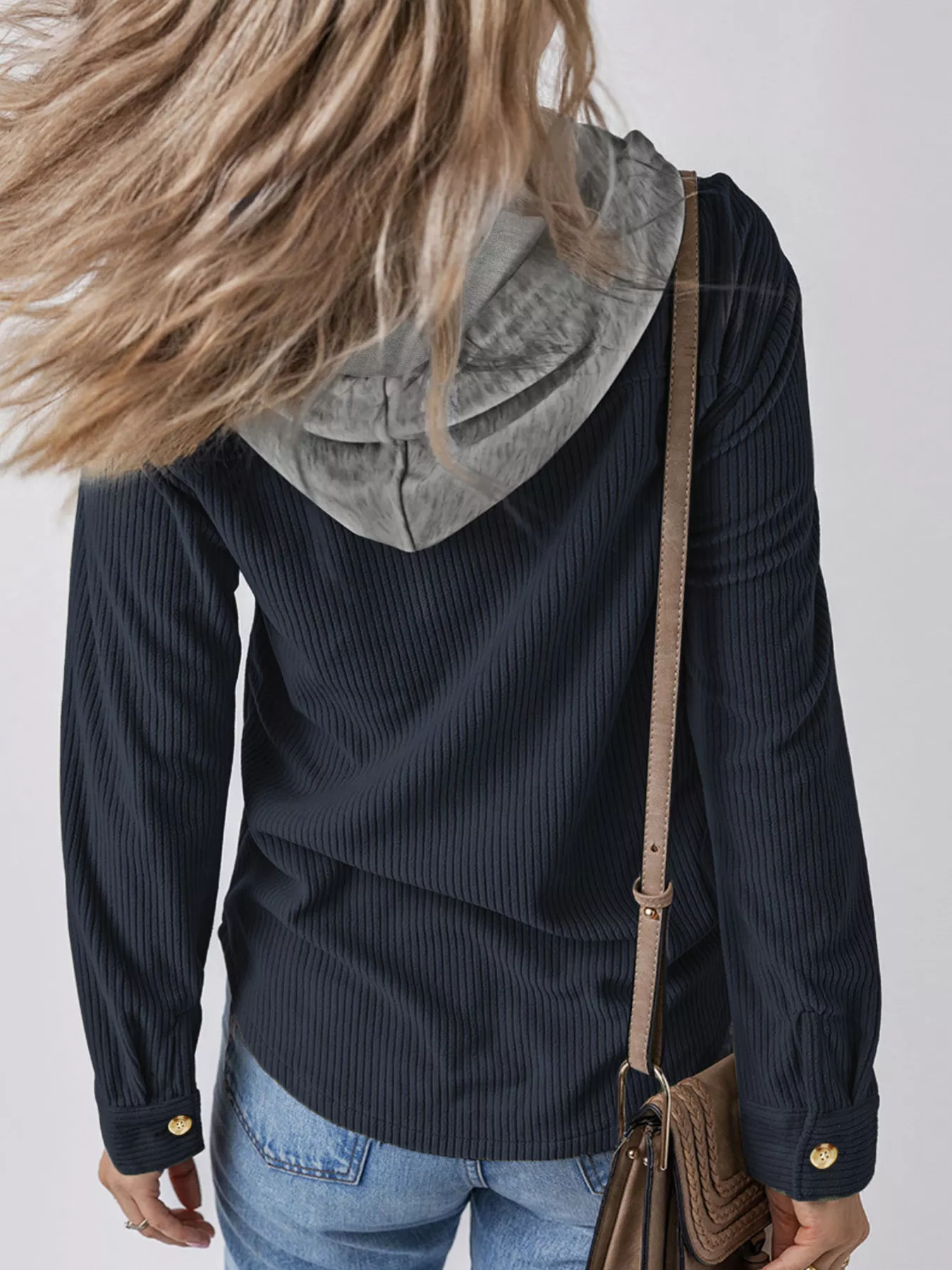 Plus Size Casual Corduroy Button-Down Hooded Jacket - Image 12