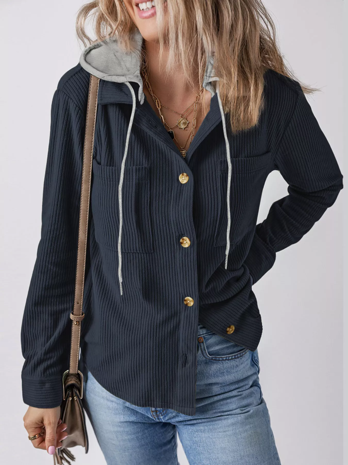 Plus Size Casual Corduroy Button-Down Hooded Jacket - Image 13