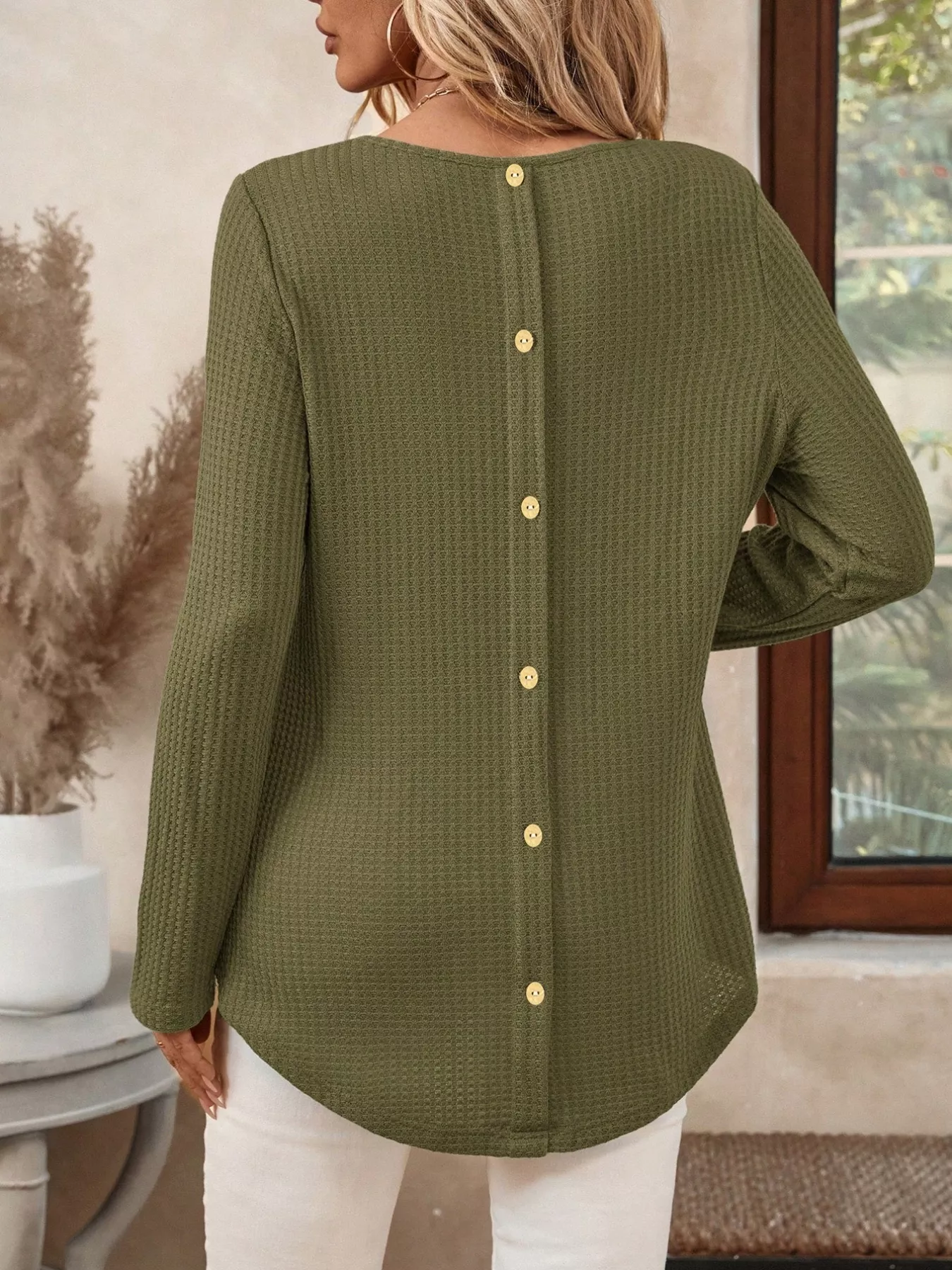 Plus Size Casual Waffle Knit Long Sleeve T-Shirt - Image 2
