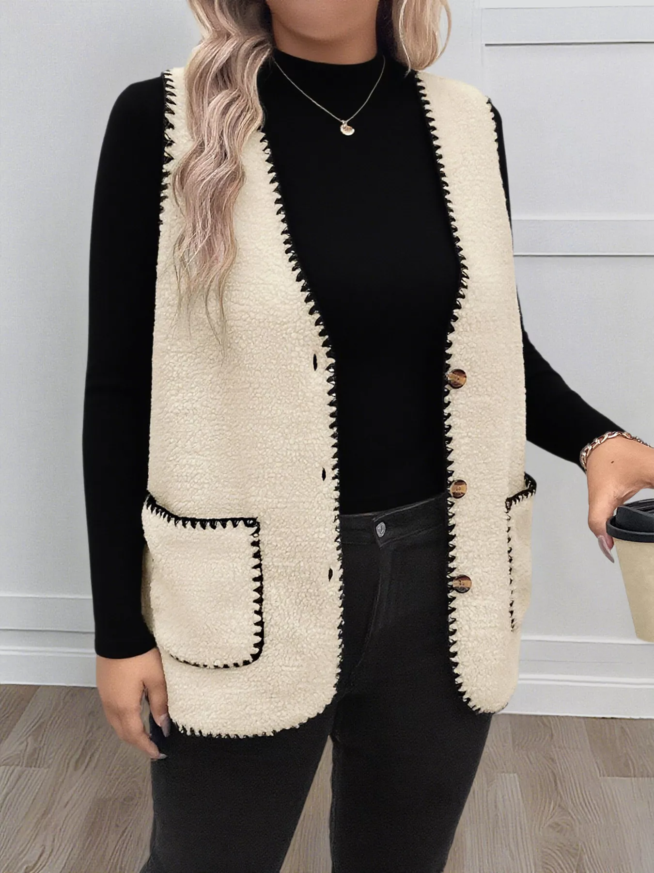 Plus Size Contrast Trim Button Up Vest Coat - Image 2