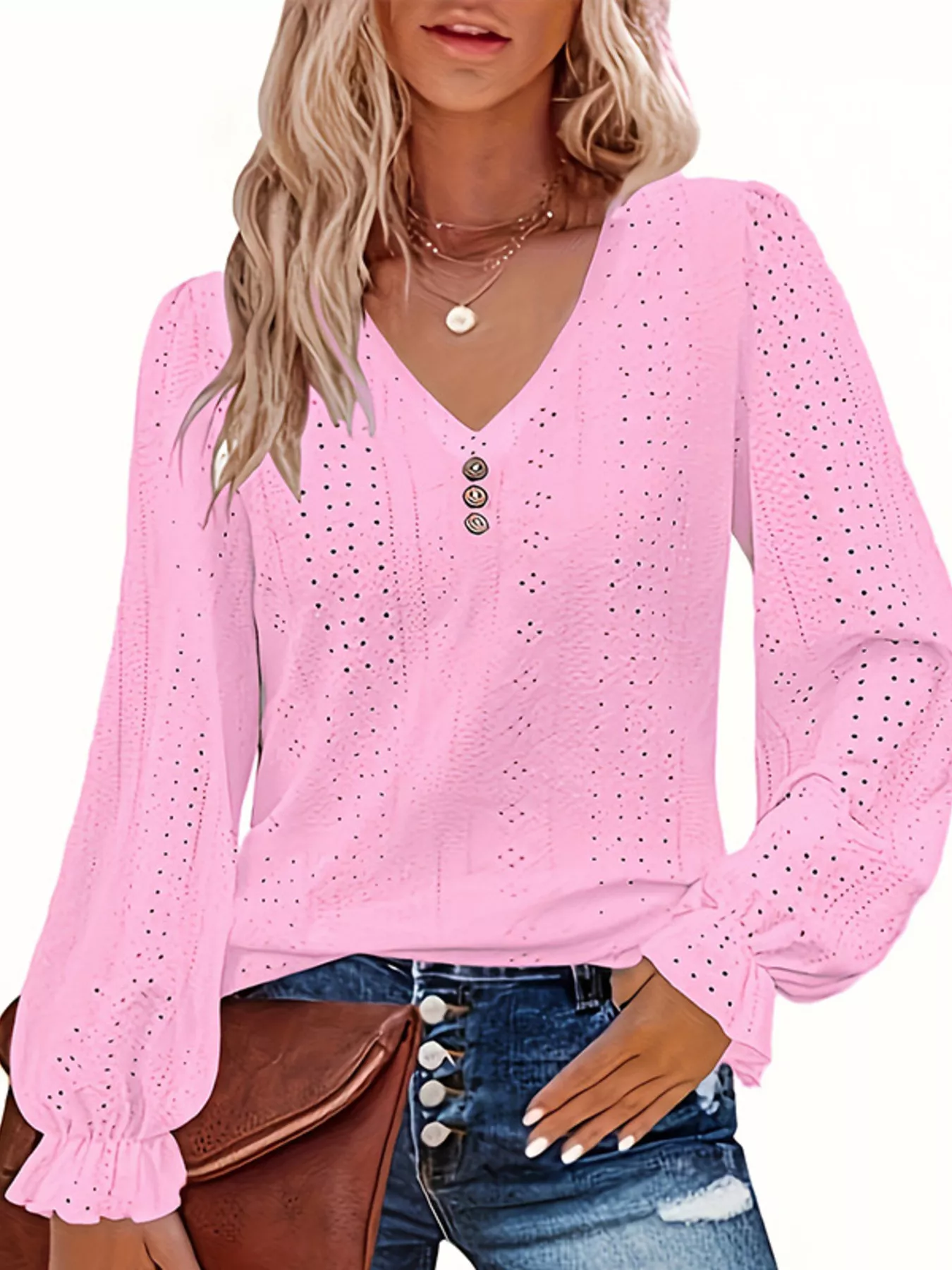 Plus Size Eyelet V-Neck Flounce Sleeve Blouse - Image 10