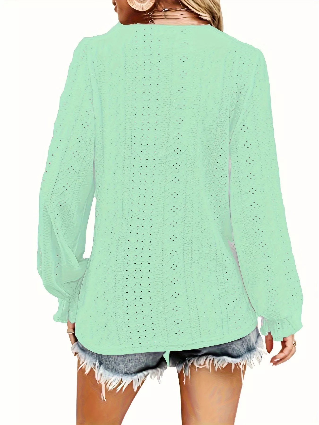 Plus Size Eyelet V-Neck Flounce Sleeve Blouse - Image 26