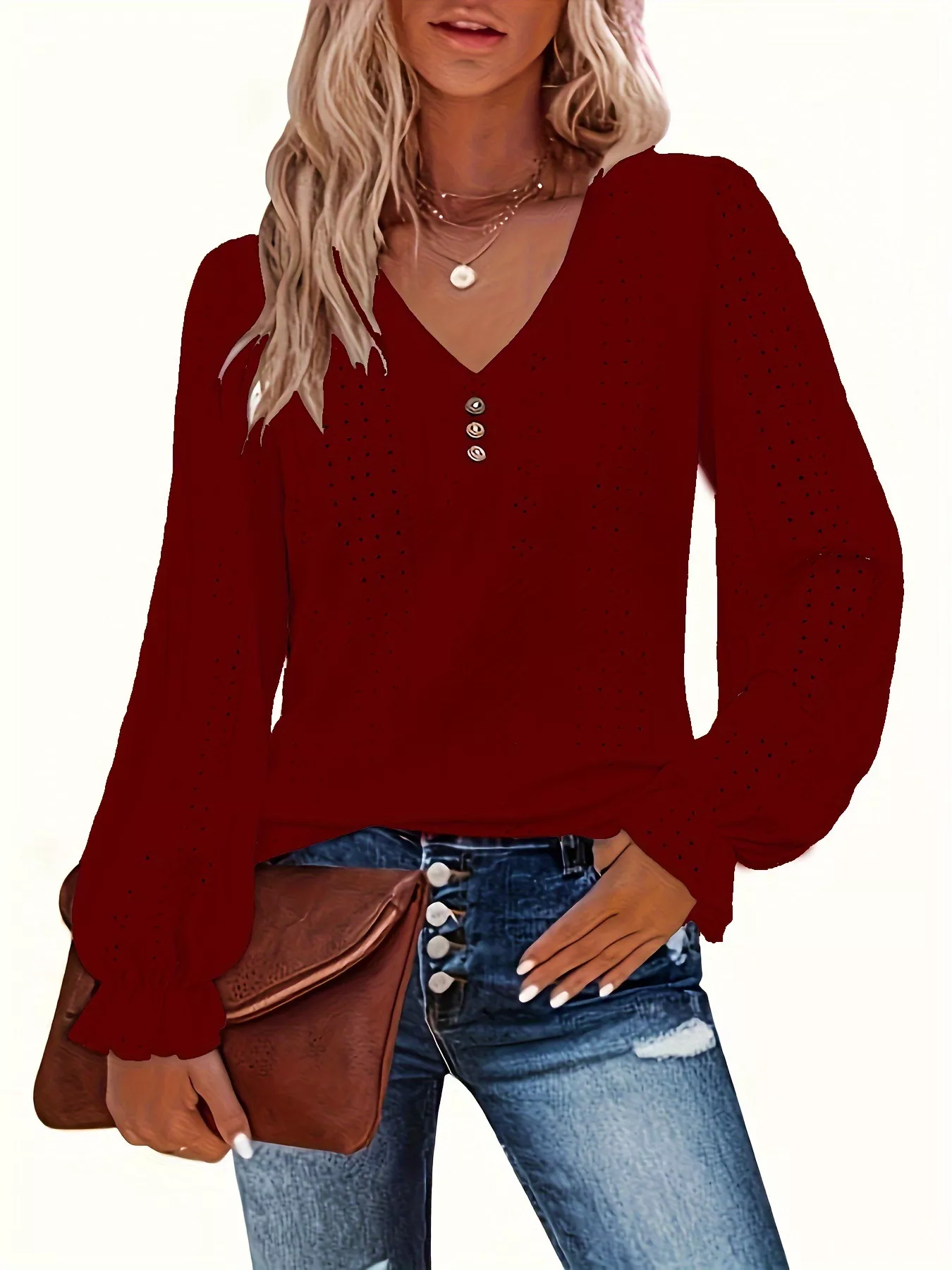 Plus Size Eyelet V-Neck Flounce Sleeve Blouse - Image 31