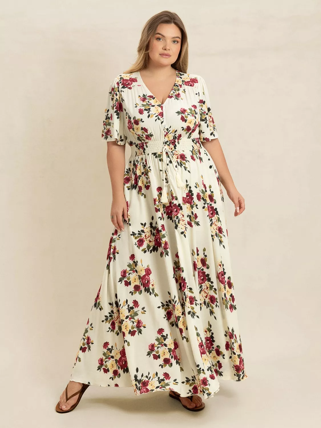 Plus Size Floral Flutter Sleeve Maxi Dress with Button Front - Image 5