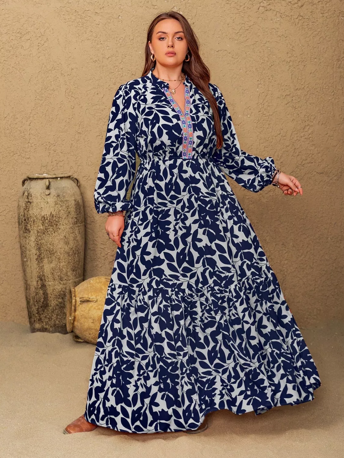Plus Size Floral Print Notched Long Sleeve Maxi Dress - Image 4