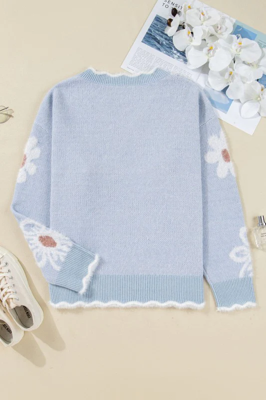 Plus Size Floral Scallop V-Neck Sweater - Image 7