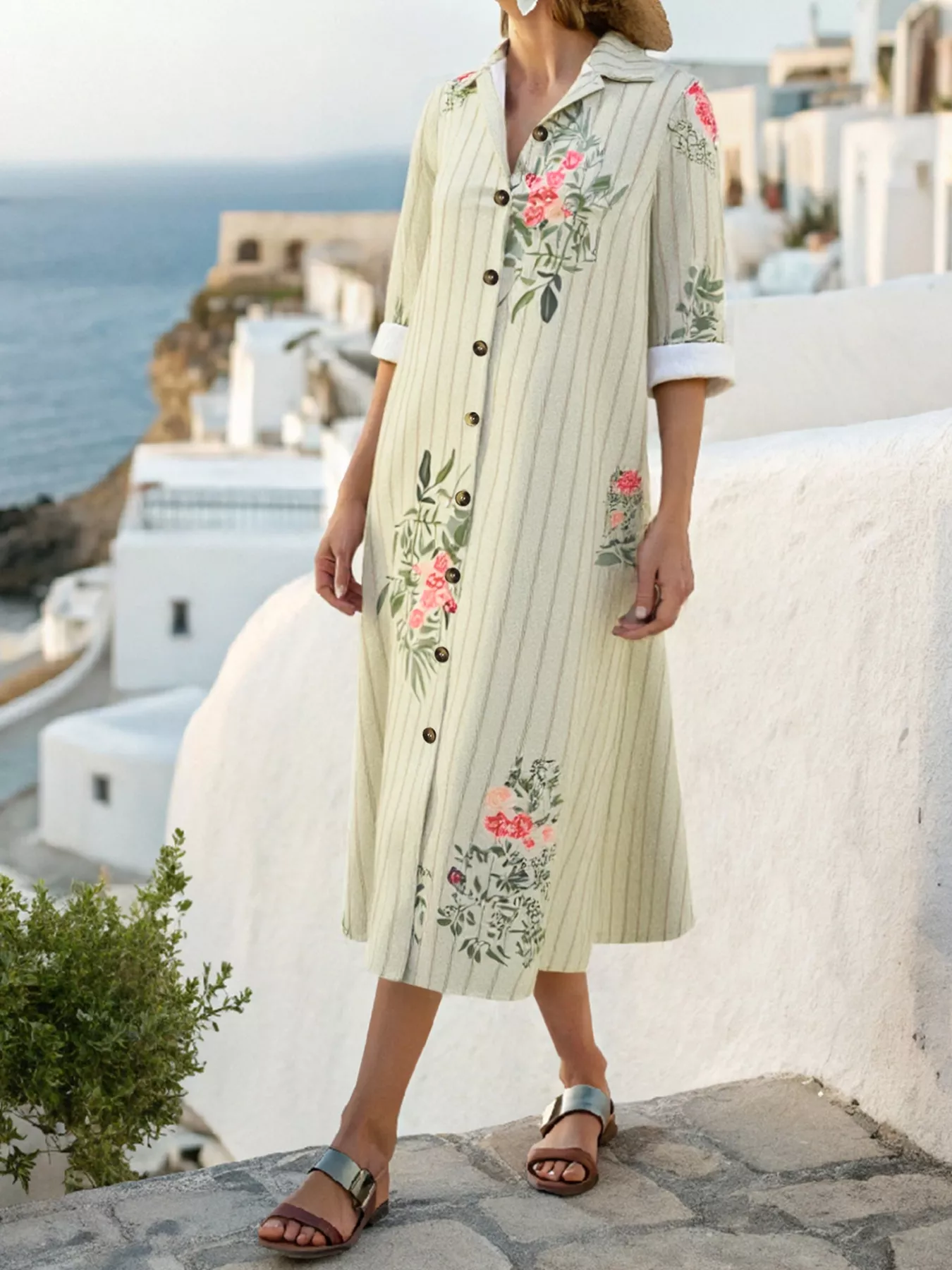 Plus Size Floral Striped Button-Down Midi Shirt Dress - Image 3