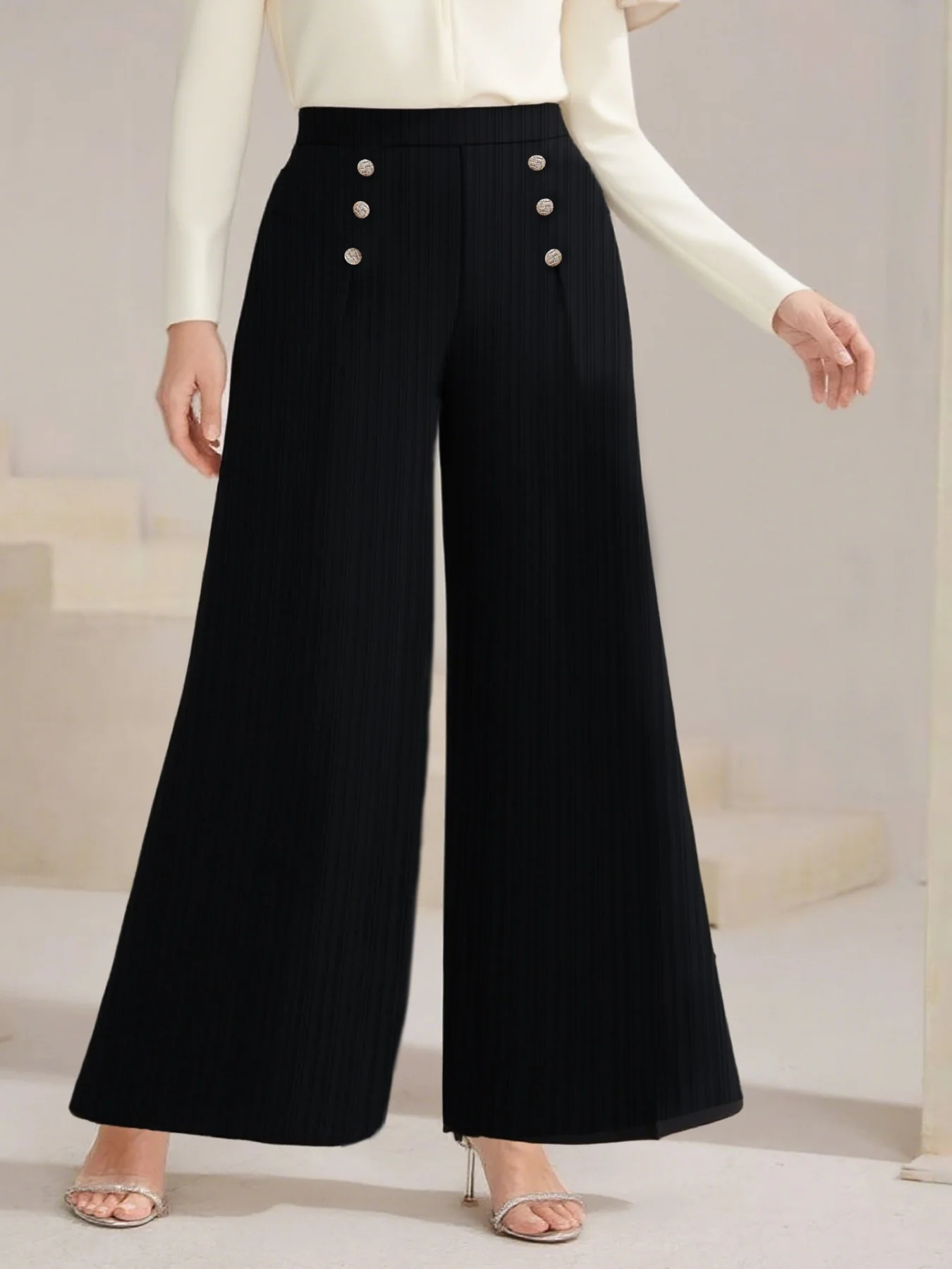 Plus Size High Waist Wide Leg Button Decor Pants - Image 2