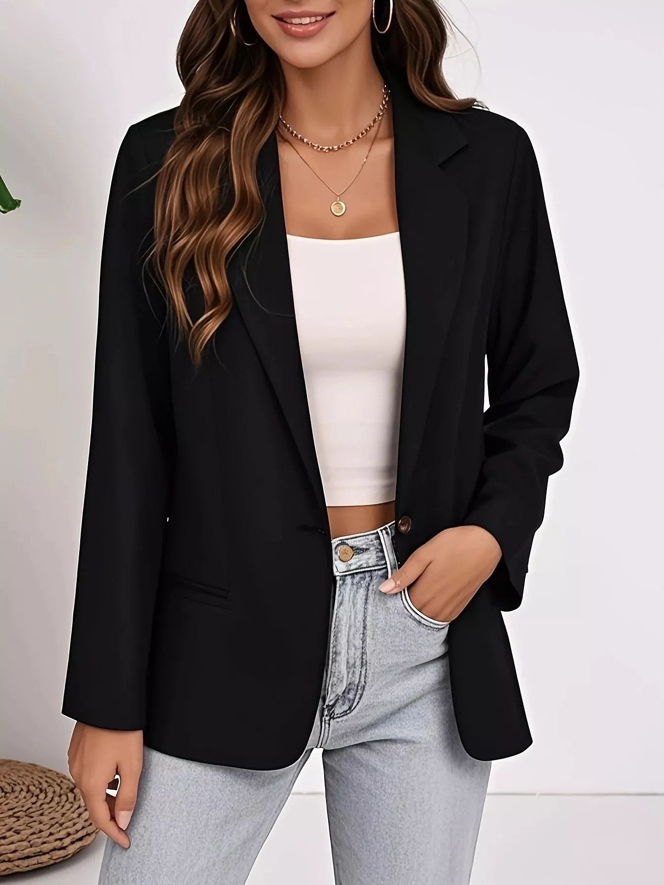 Plus Size Lapel Collar Single-Button Blazer - Image 3