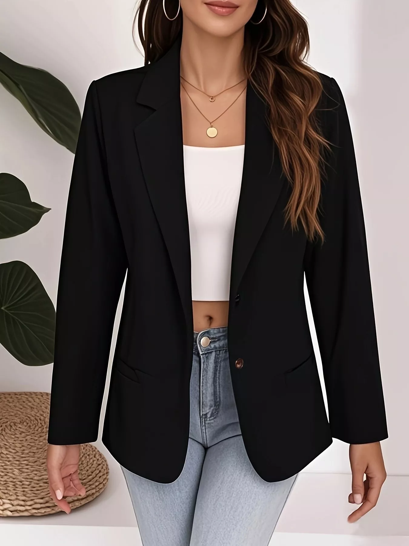 Plus Size Lapel Collar Single-Button Blazer - Image 4