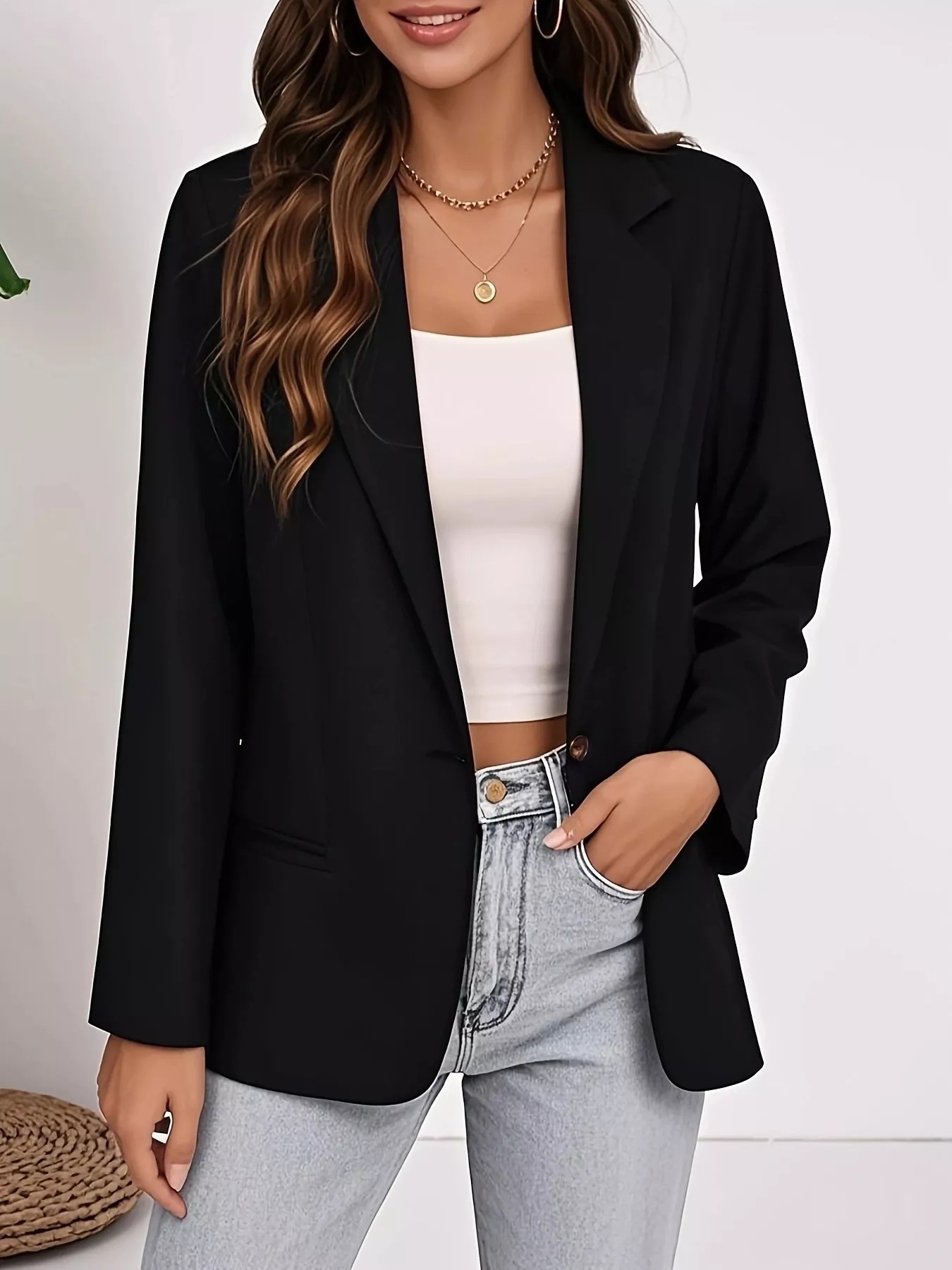 Plus Size Lapel Collar Single-Button Blazer - Image 5