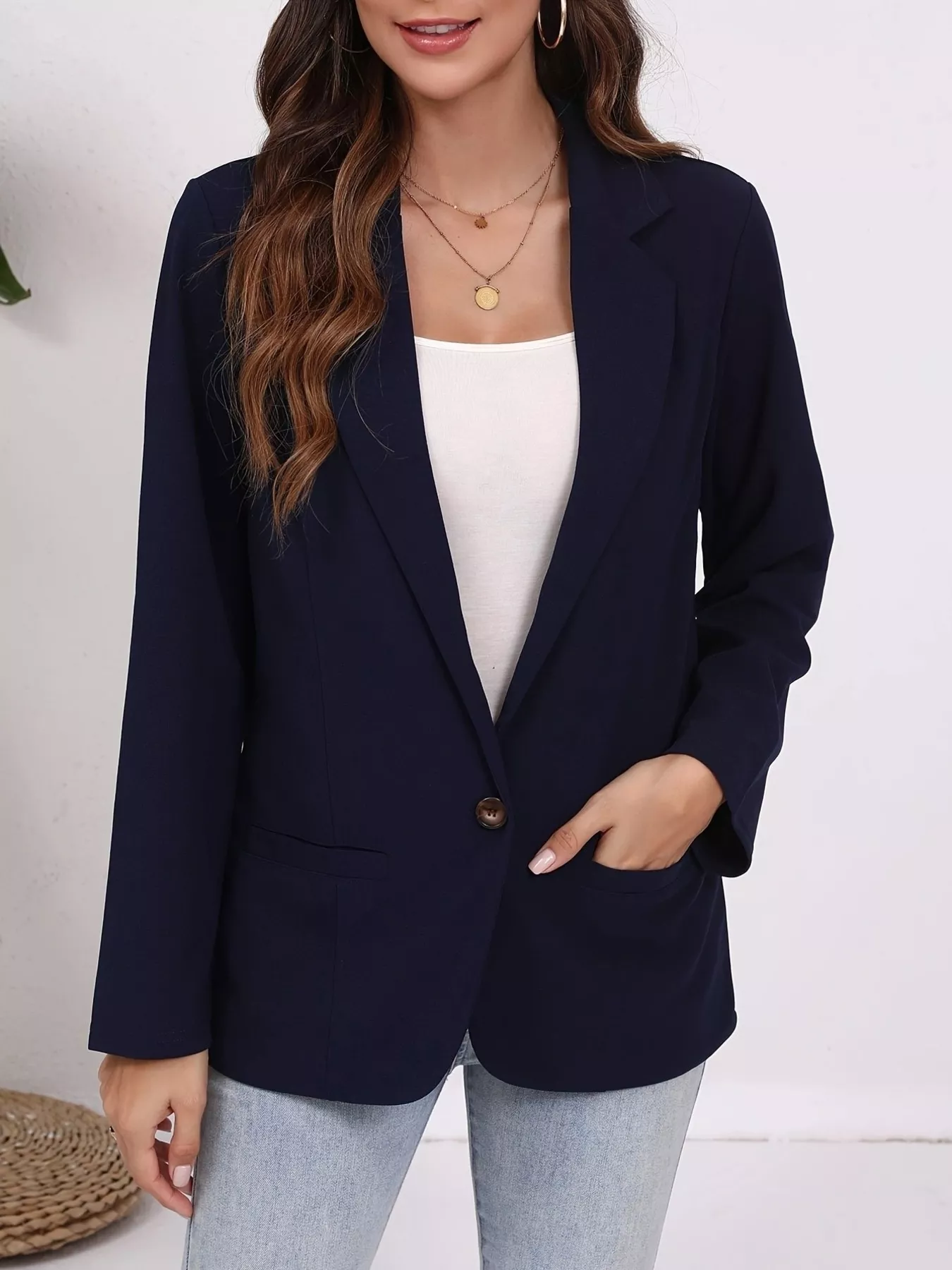 Plus Size Lapel Collar Single-Button Blazer - Image 6