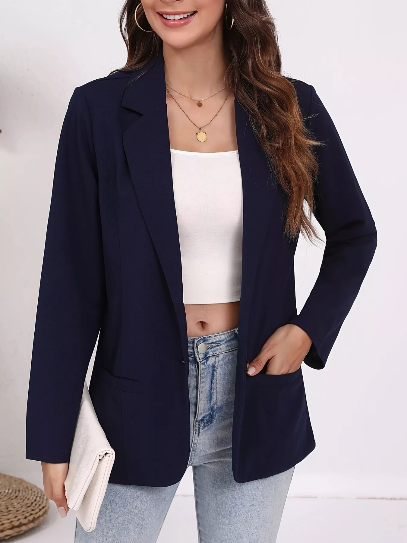 Plus Size Lapel Collar Single-Button Blazer - Image 8