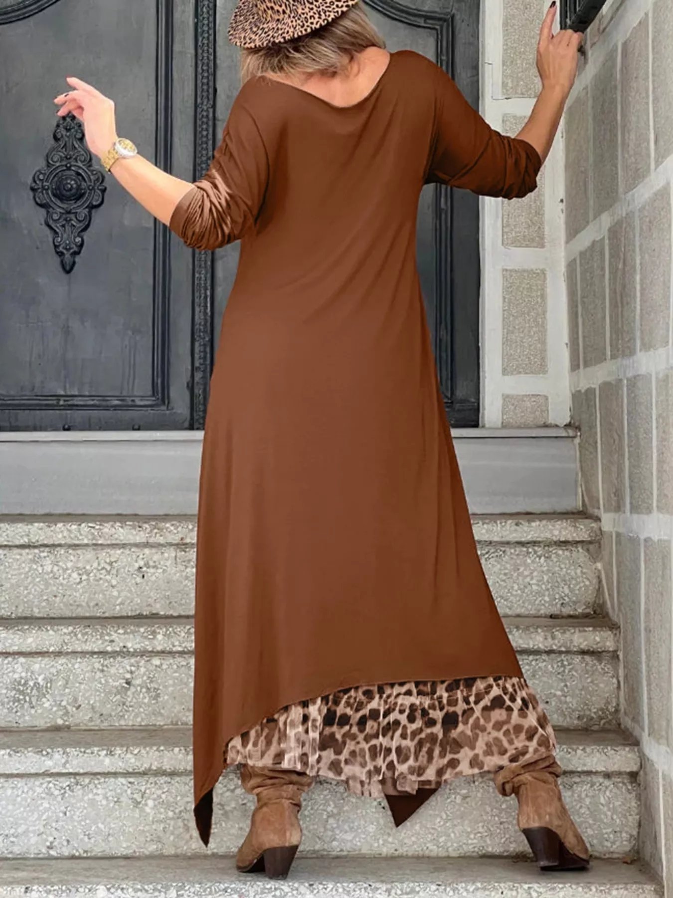 Plus Size Leopard Print Asymmetrical Hem Midi Dress - Image 3