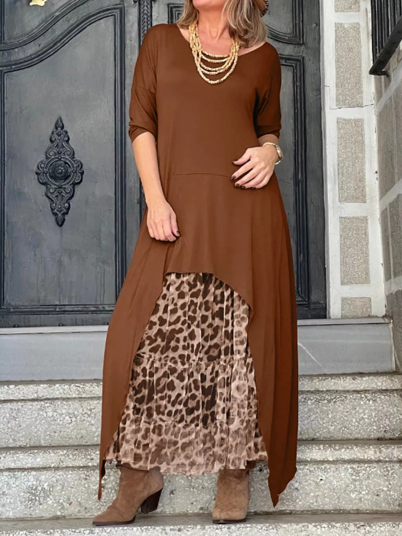 Plus Size Leopard Print Asymmetrical Hem Midi Dress - Image 4