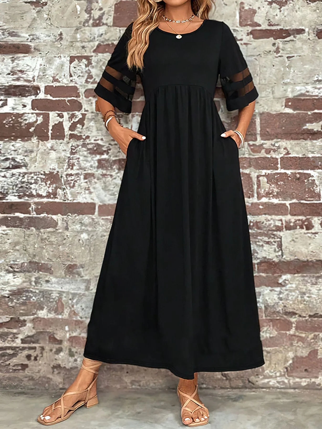Plus Size Mesh Sleeve Round Neck Dress with Pockets - Image 4