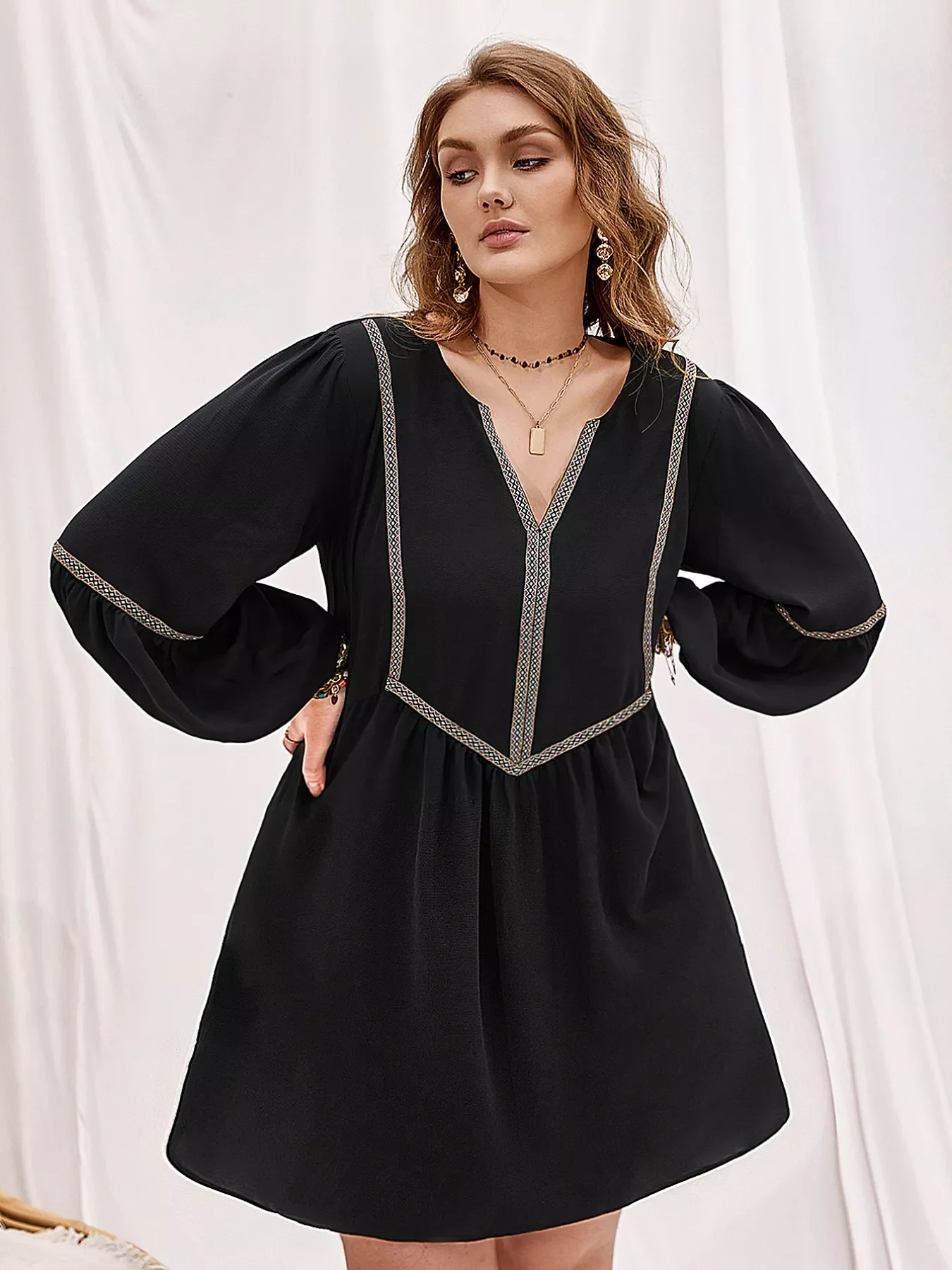 Plus Size Notched Balloon Sleeve Mini Dress - Image 2