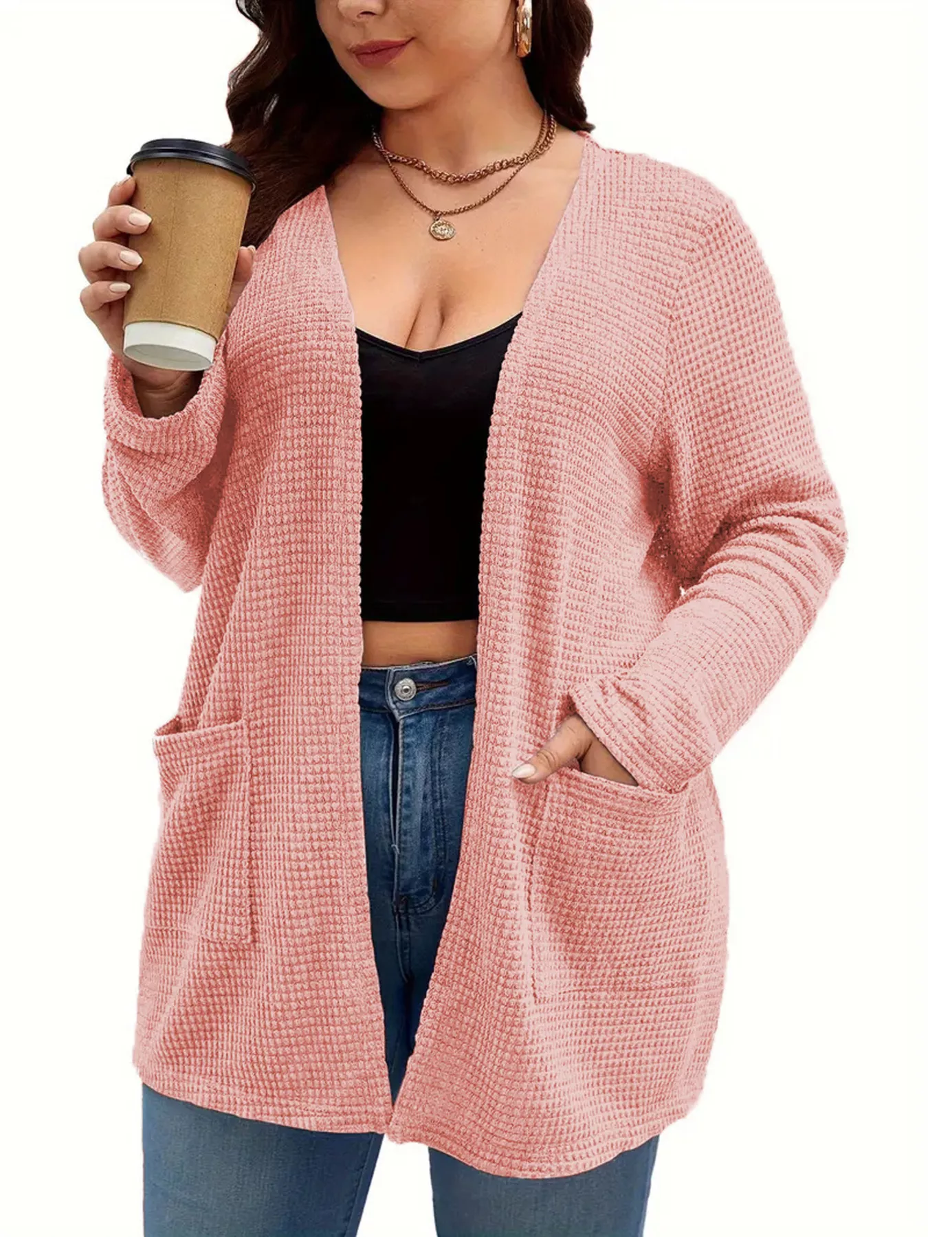 Plus Size Open Front Long Sleeve Knit Cardigan - Image 9