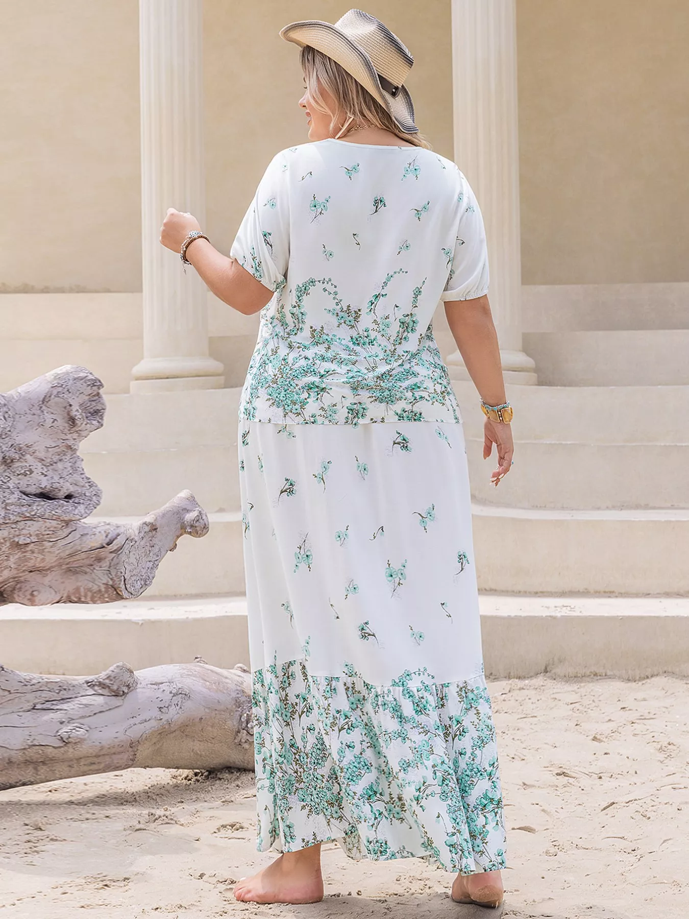 Plus Size Printed Lace Detail Short Sleeve Top and Skirt Set - Image 8