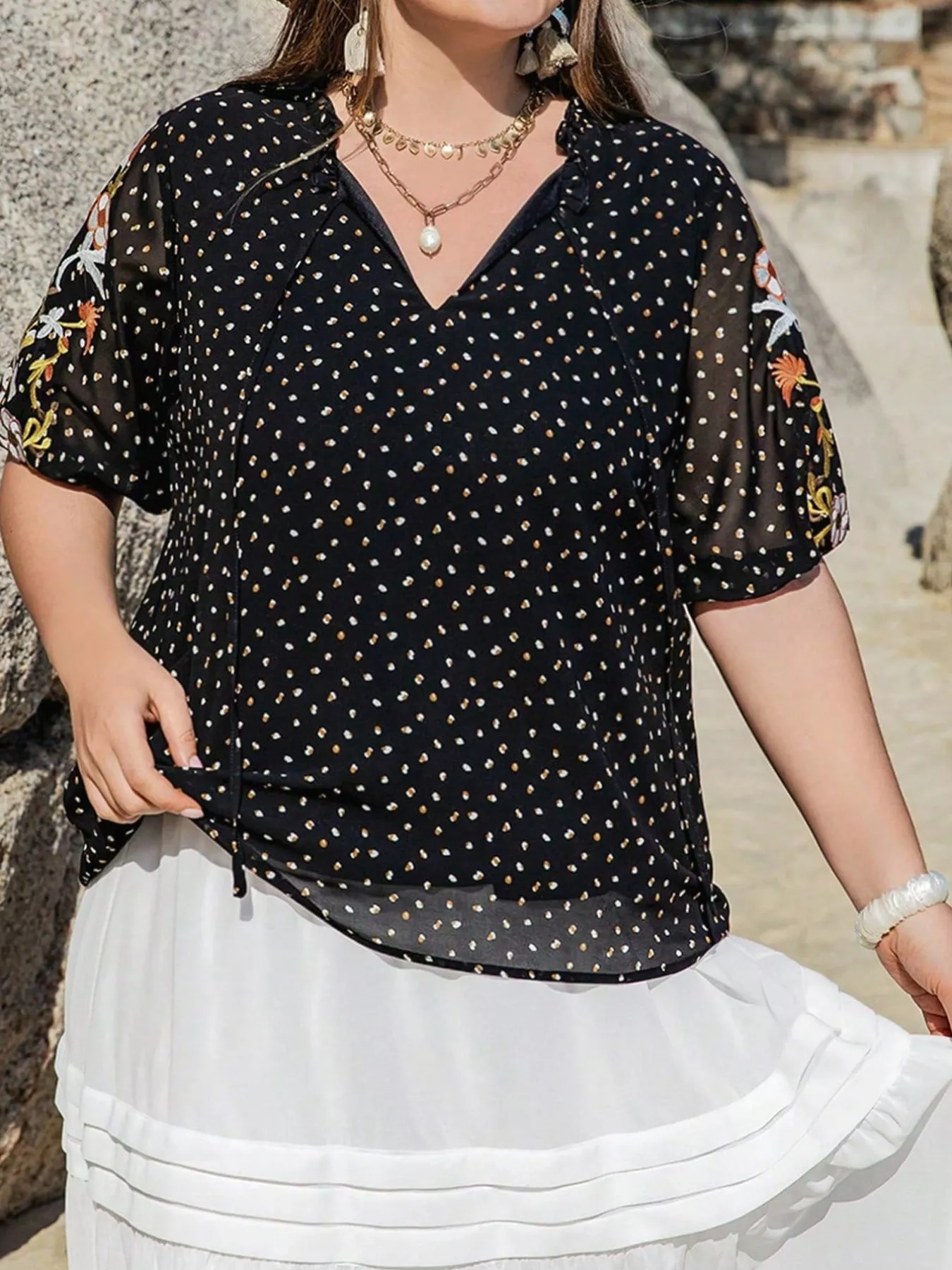 Plus Size Printed Tie Neck Half Sleeve Blouse - Image 2