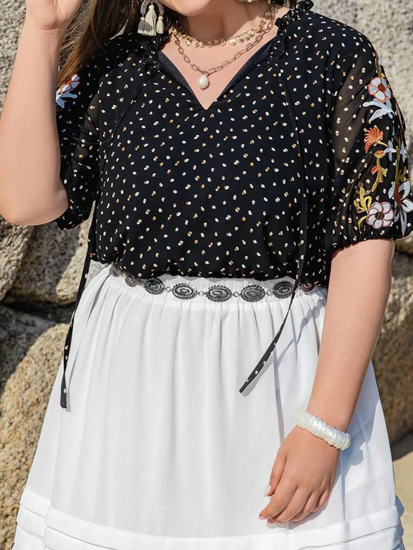 Plus Size Printed Tie Neck Half Sleeve Blouse - Image 3