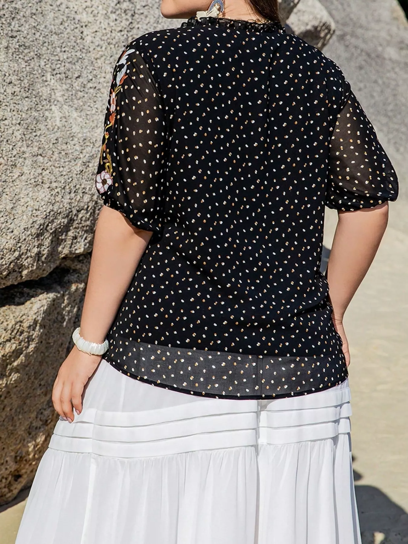 Plus Size Printed Tie Neck Half Sleeve Blouse - Image 4
