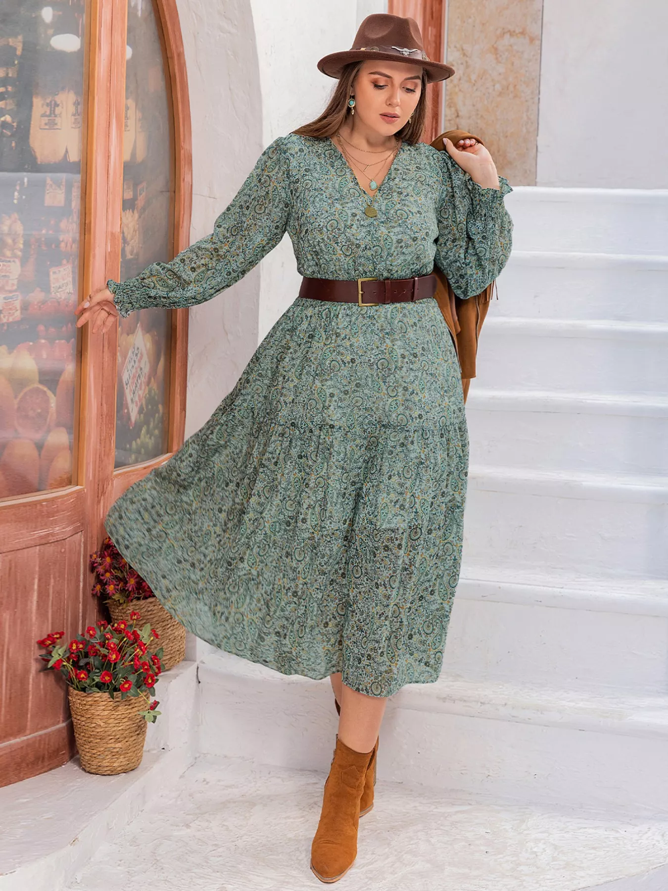 Plus Size Printed V-Neck Long Sleeve Midi Dress - Image 3