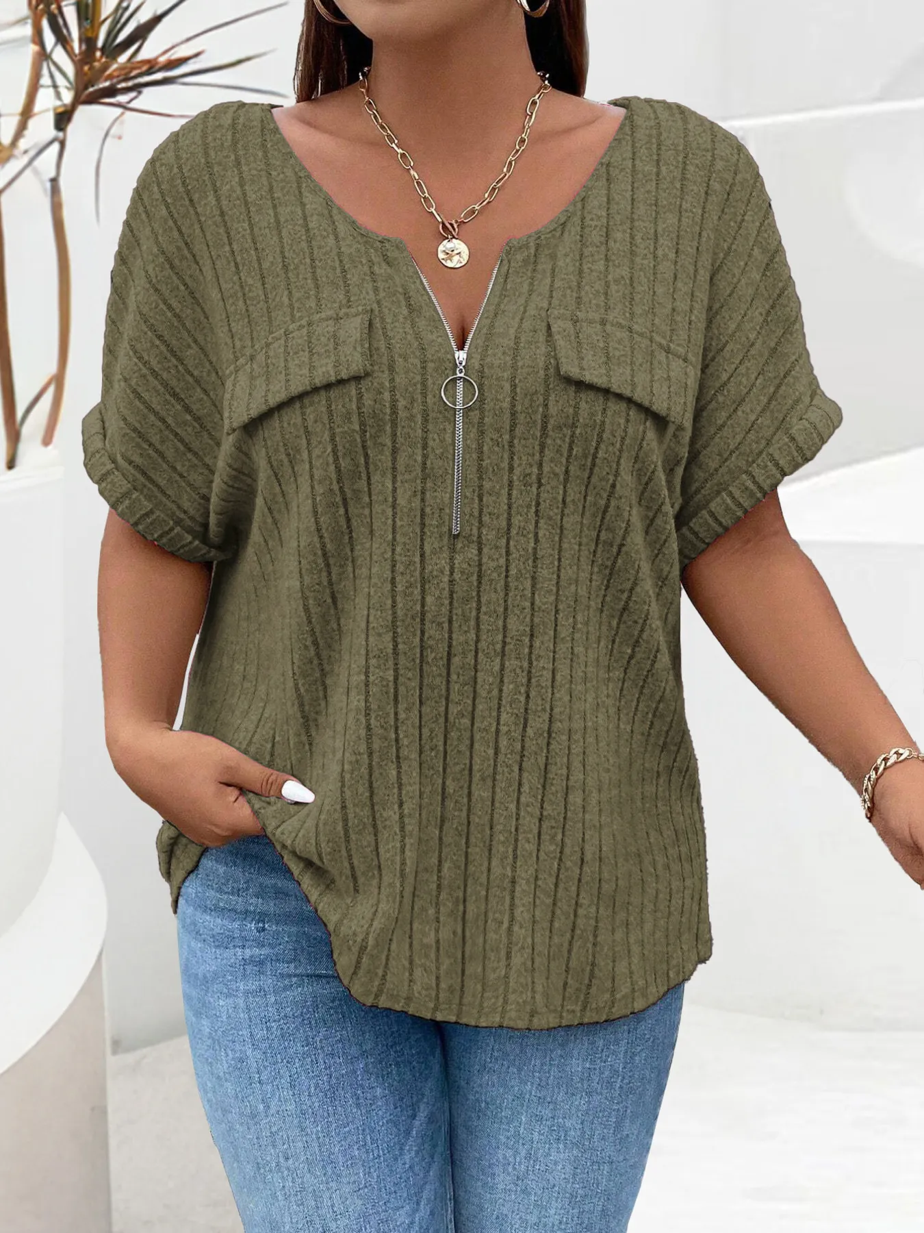 Plus Size Ribbed Half Zip Relaxed Fit T-Shirt - Image 10
