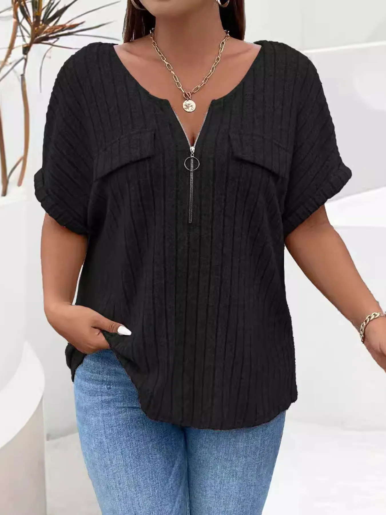 Plus Size Ribbed Half Zip Relaxed Fit T-Shirt - Image 13