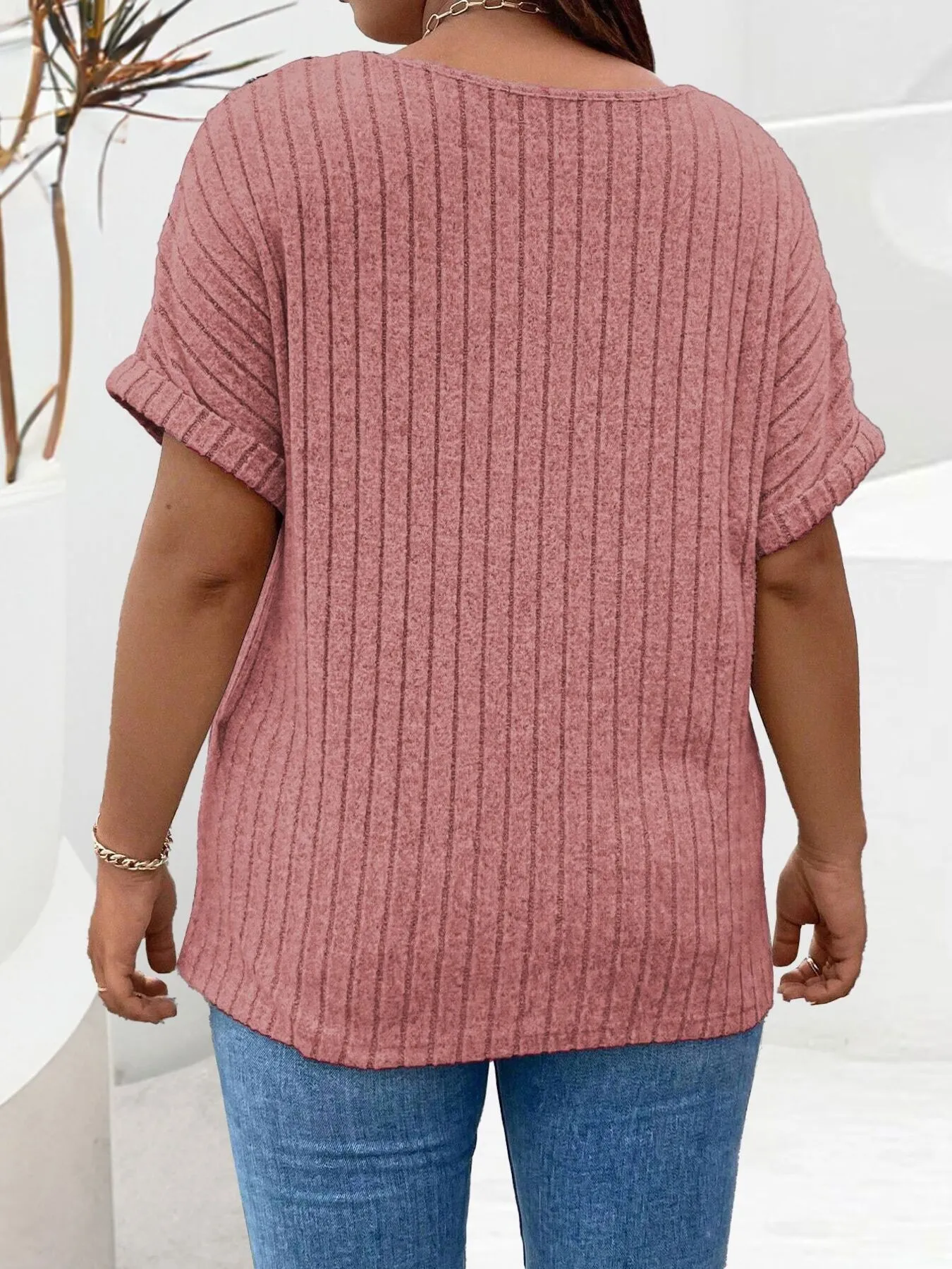 Plus Size Ribbed Half Zip Relaxed Fit T-Shirt - Image 30