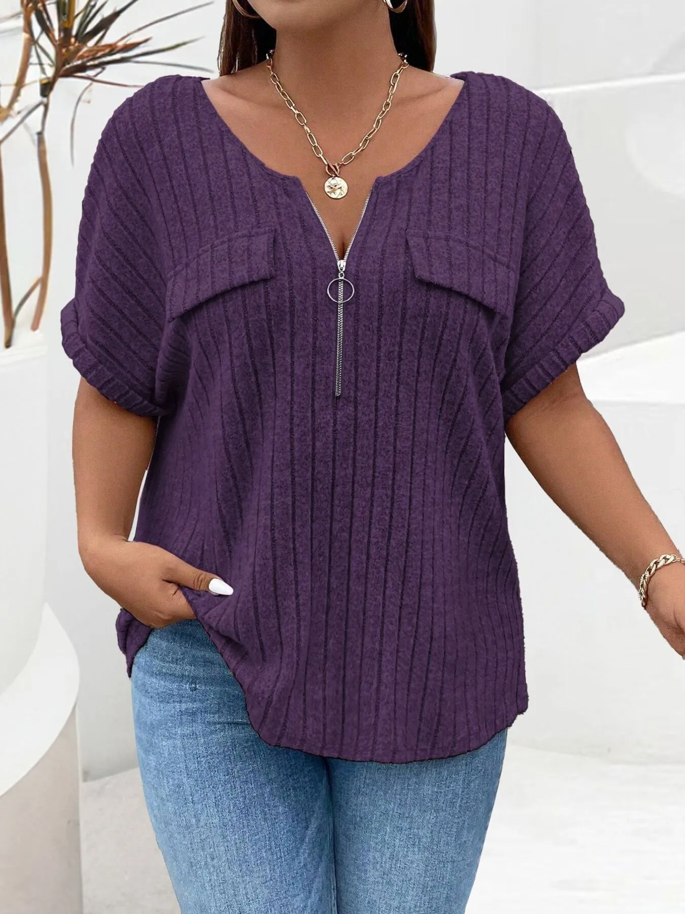 Plus Size Ribbed Half Zip Relaxed Fit T-Shirt - Image 32