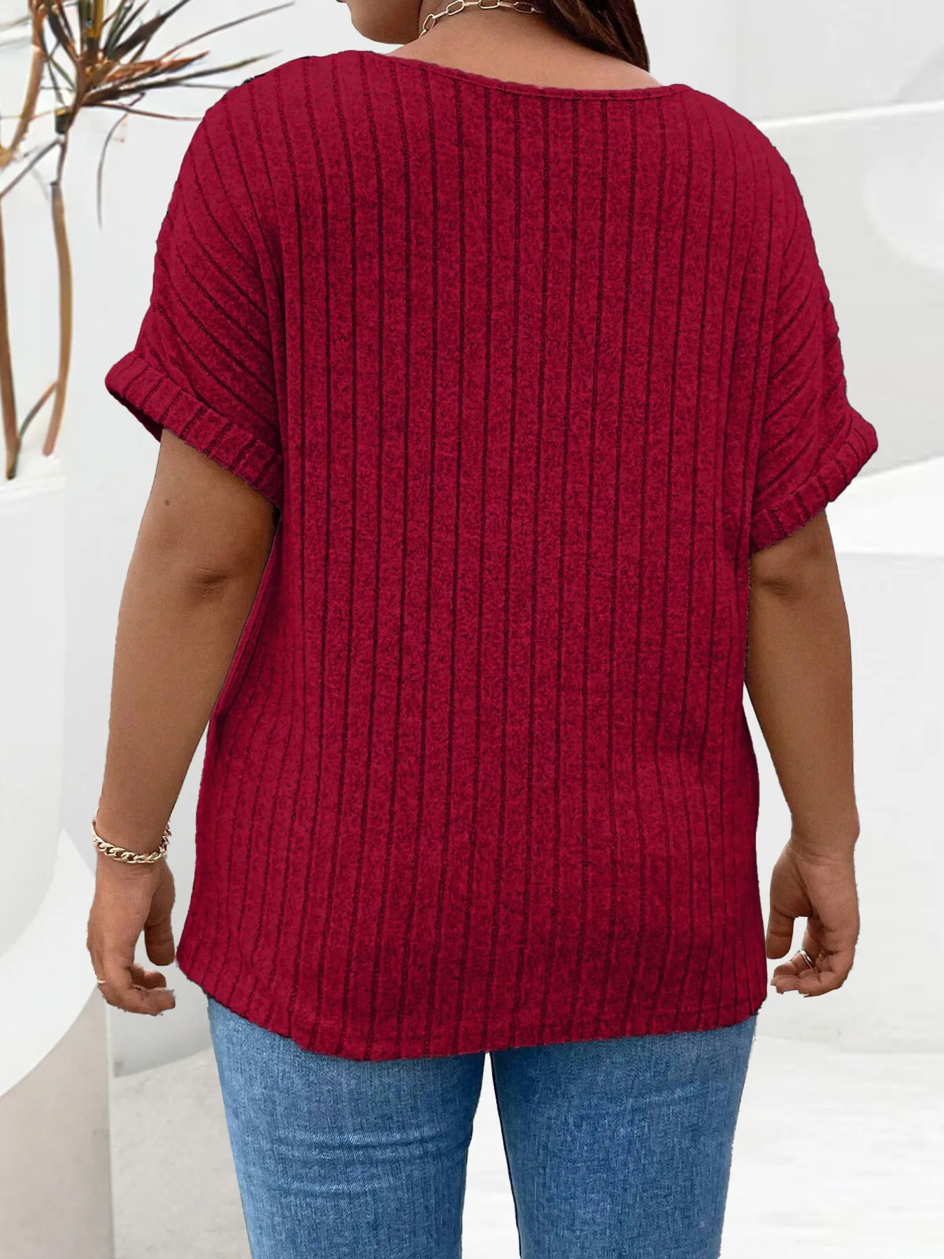 Plus Size Ribbed Half Zip Relaxed Fit T-Shirt - Image 5