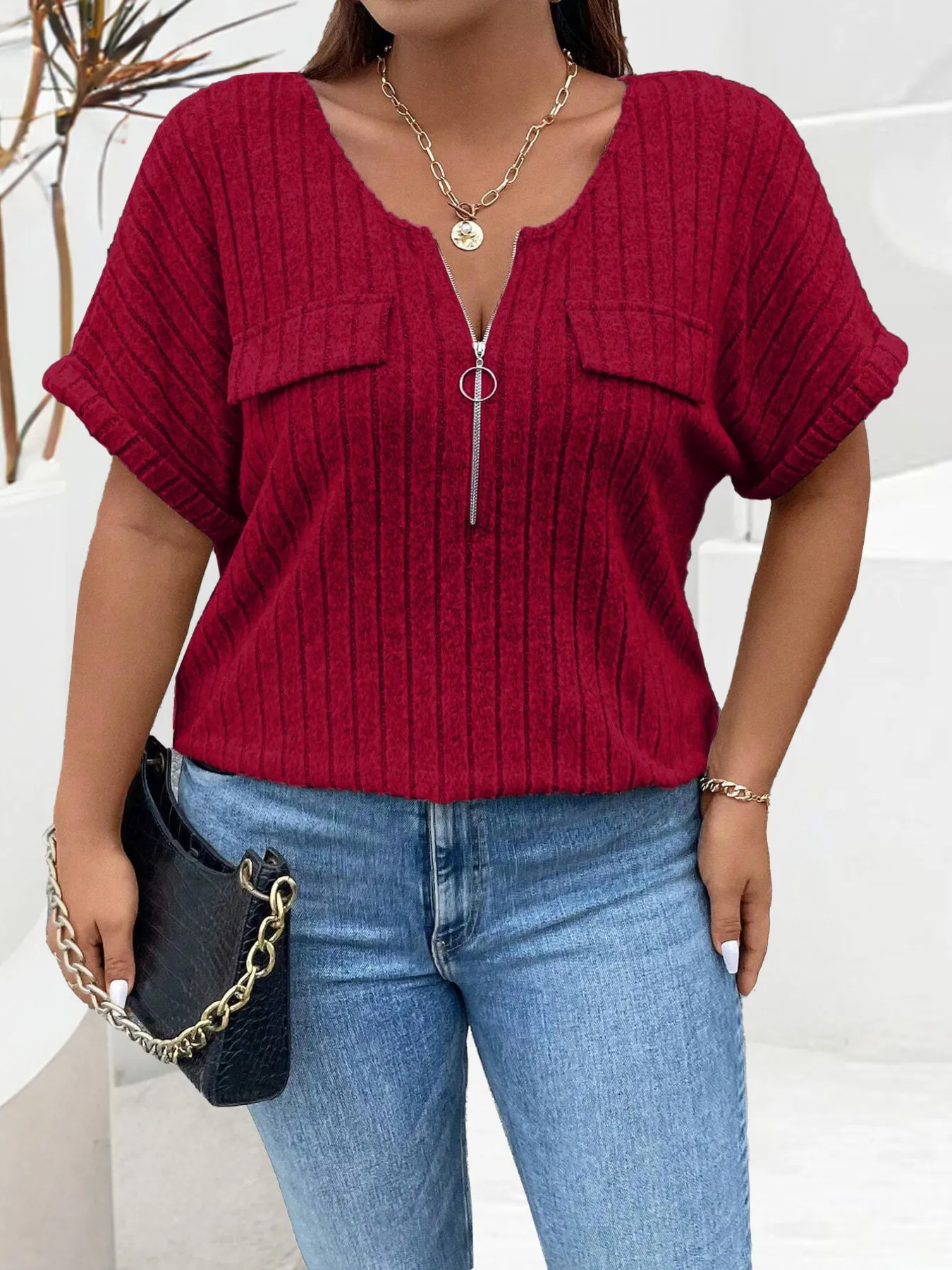 Plus Size Ribbed Half Zip Relaxed Fit T-Shirt - Image 6