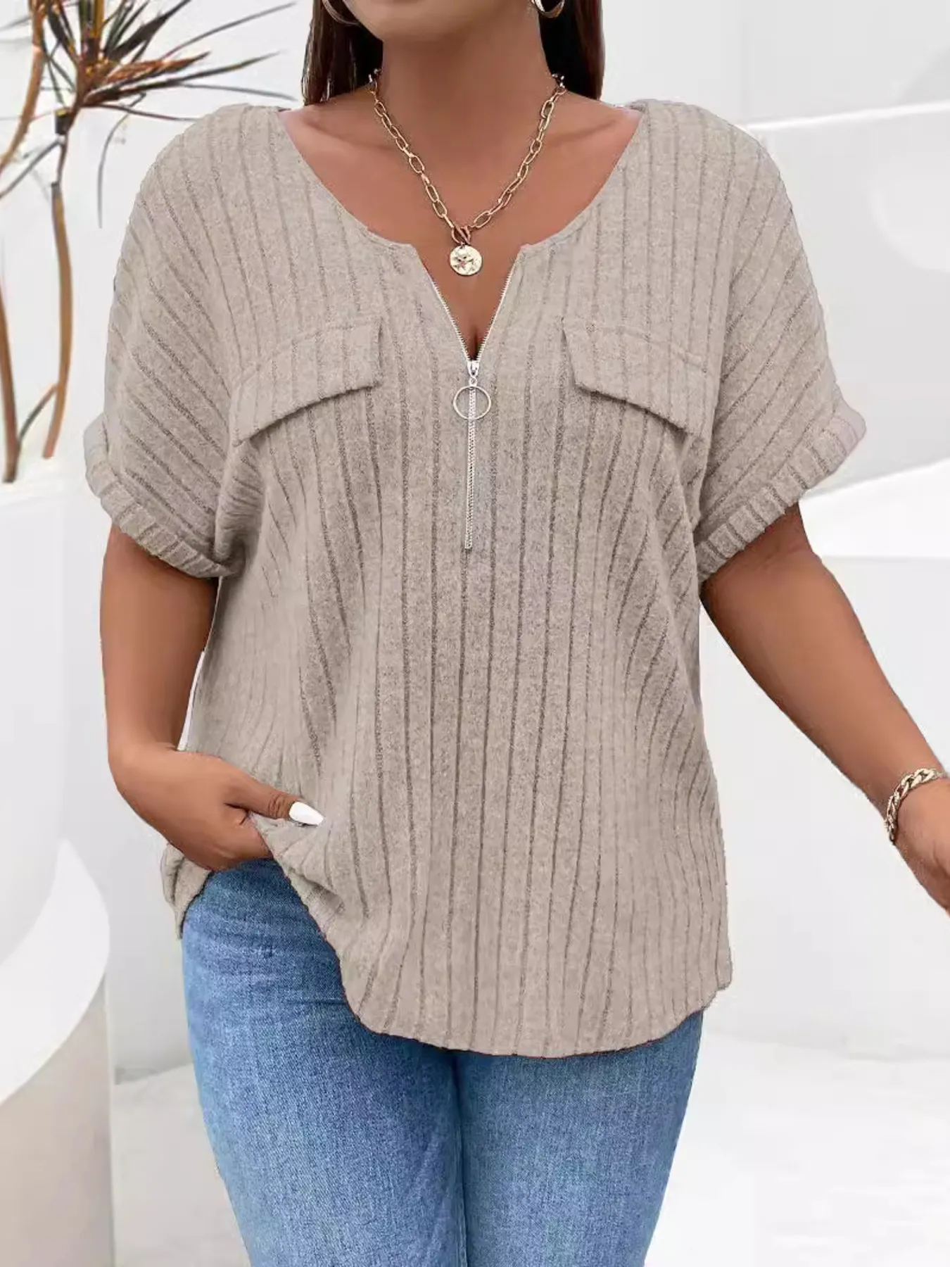 Plus Size Ribbed Half Zip Relaxed Fit T-Shirt - Image 8