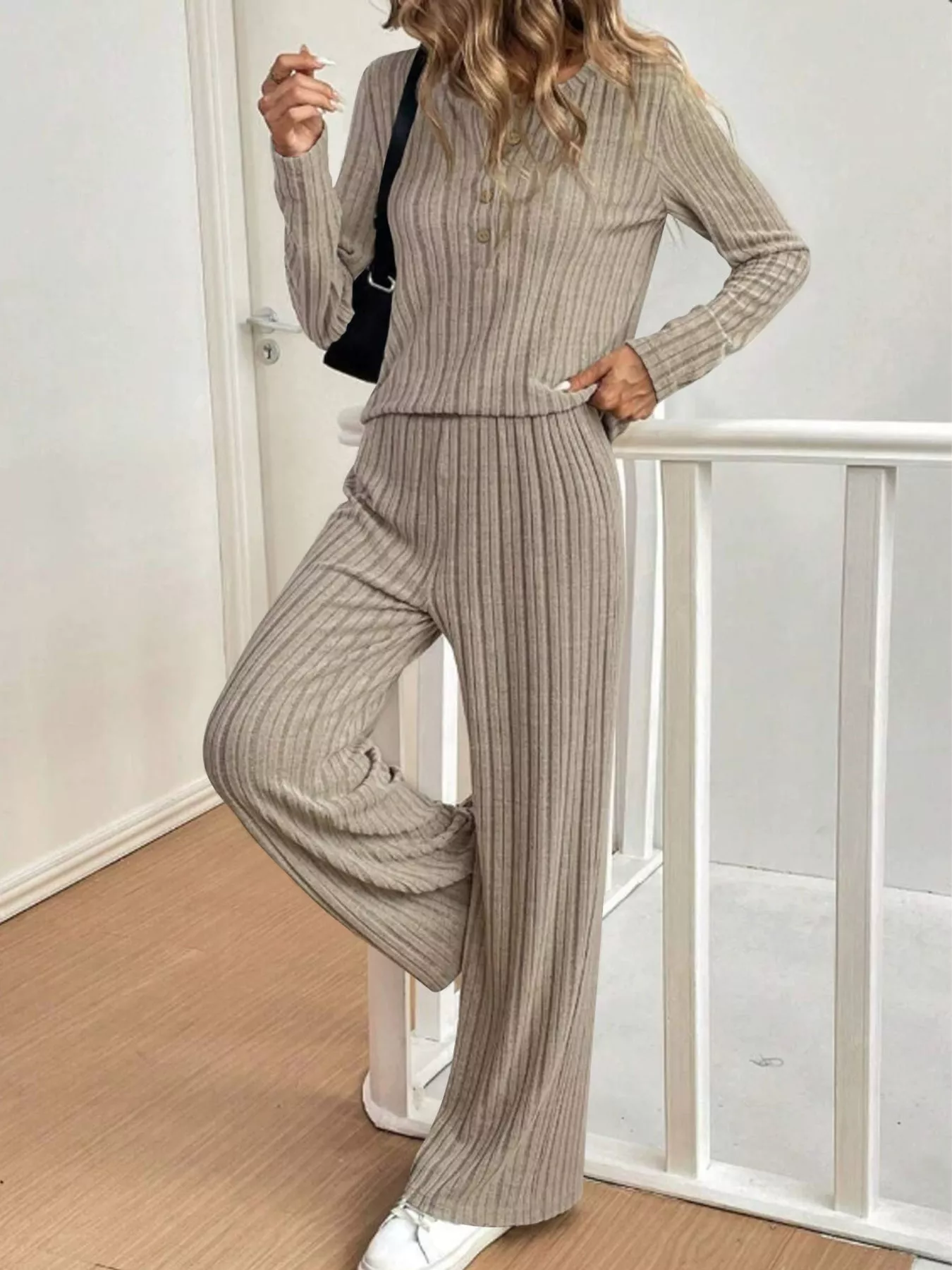 Plus Size Ribbed Knit Button-Front Top and Pants Set - Image 10