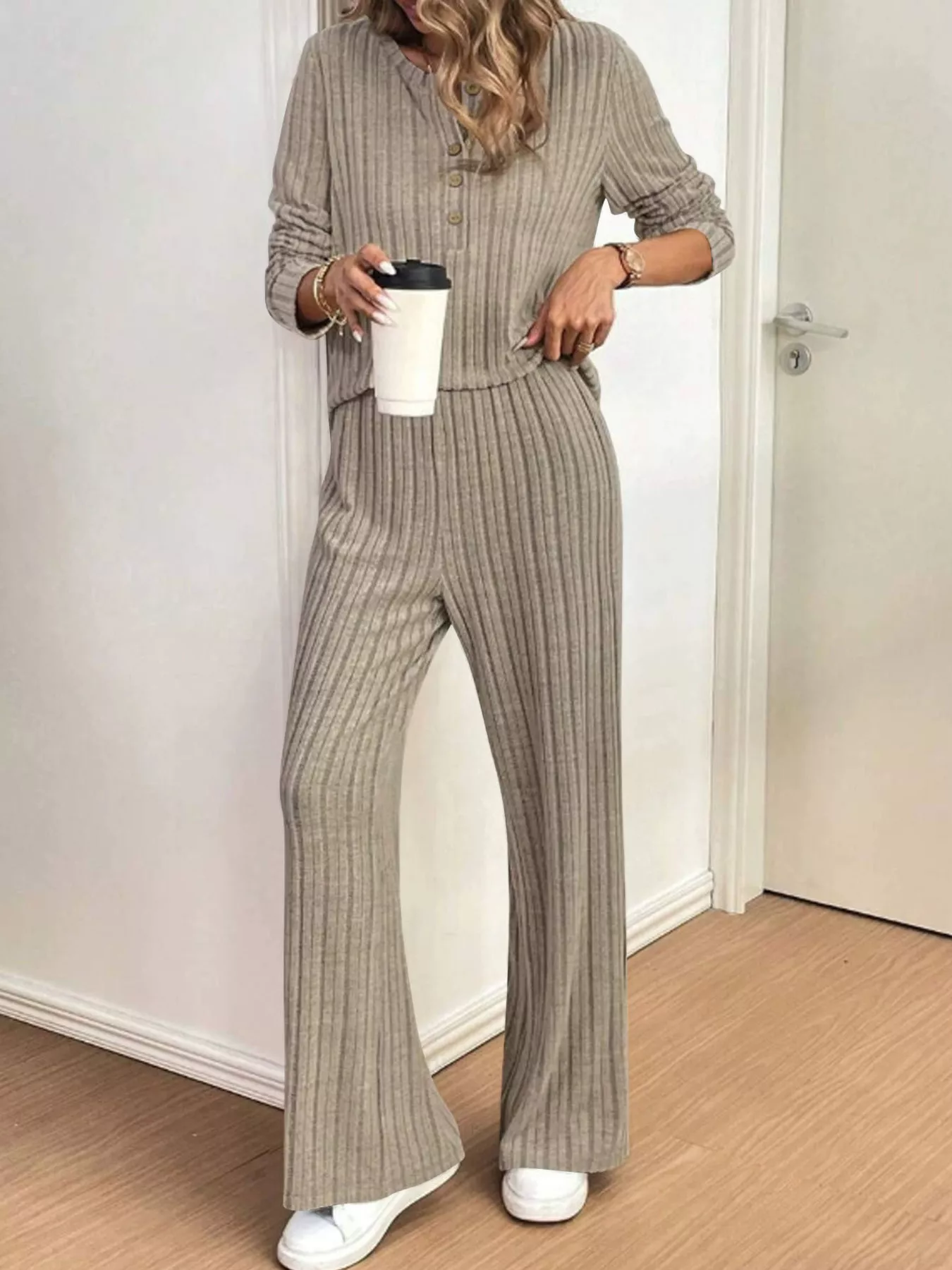 Plus Size Ribbed Knit Button-Front Top and Pants Set - Image 8